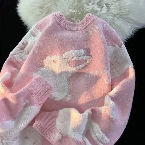 image of Kawaii Pink Cartoon Jacquard Oversized Sweater Men (Size Medium)