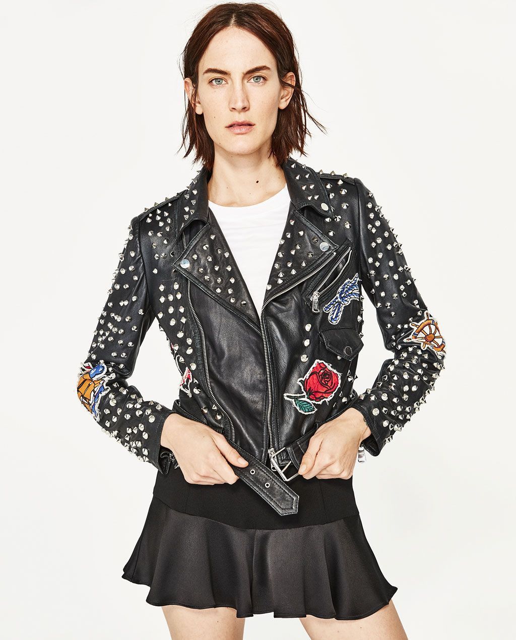 Zara Zara Studded cMotorcycle Biker Jacket Sailor Patches Size XS / US 0-2 / IT 36-38 - 4 Thumbnail