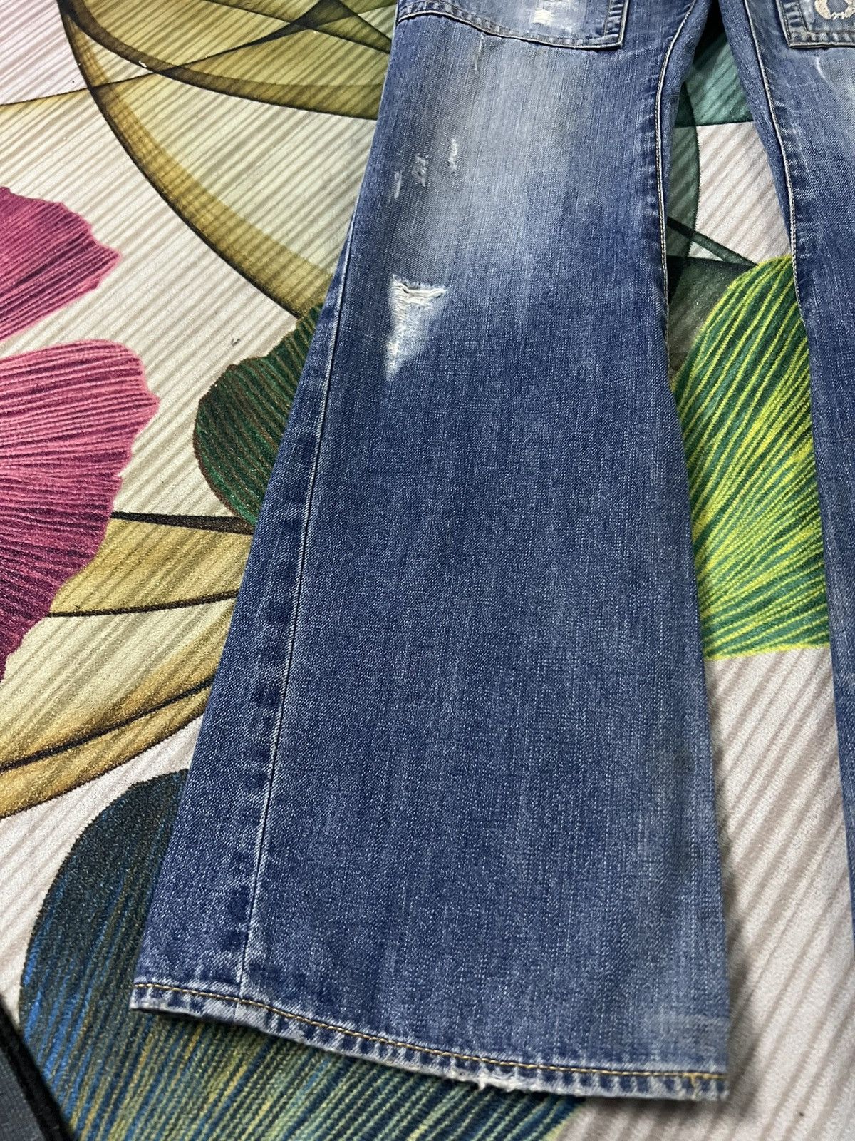 Japanese Brand 💥Twist Leg💥Purple & Yellow Distress Backle Back Flare Jean Size US 31 - 7 Thumbnail