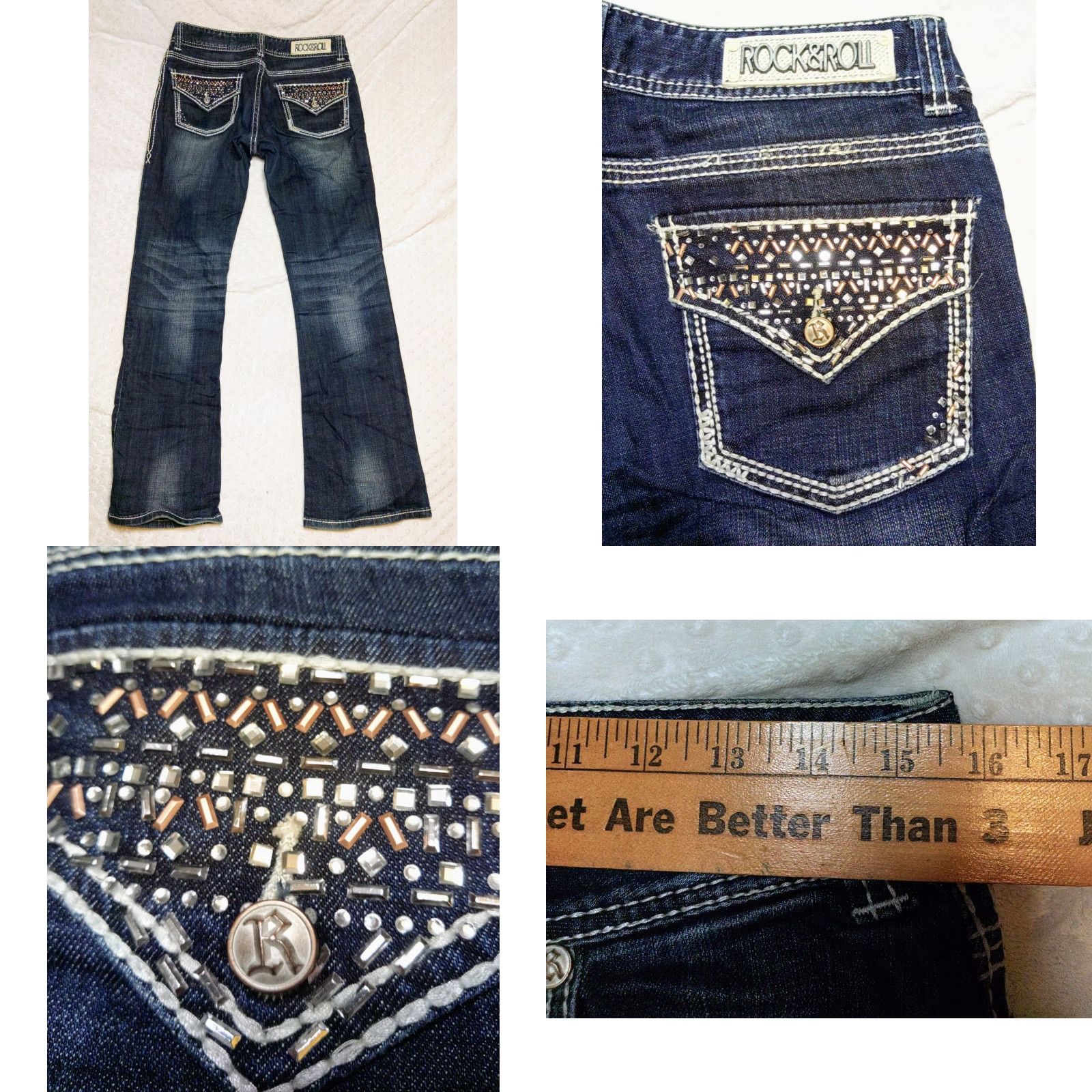 Denime Rock & Roll Cowgirl Denim Jeans 29x32 Women Dark Wash Mid Rise Bootcut Cotton Blend 5-Pocket Embroidered Logo Button Zip Rock Southwestern Cowboy Size 29" - 8 Thumbnail