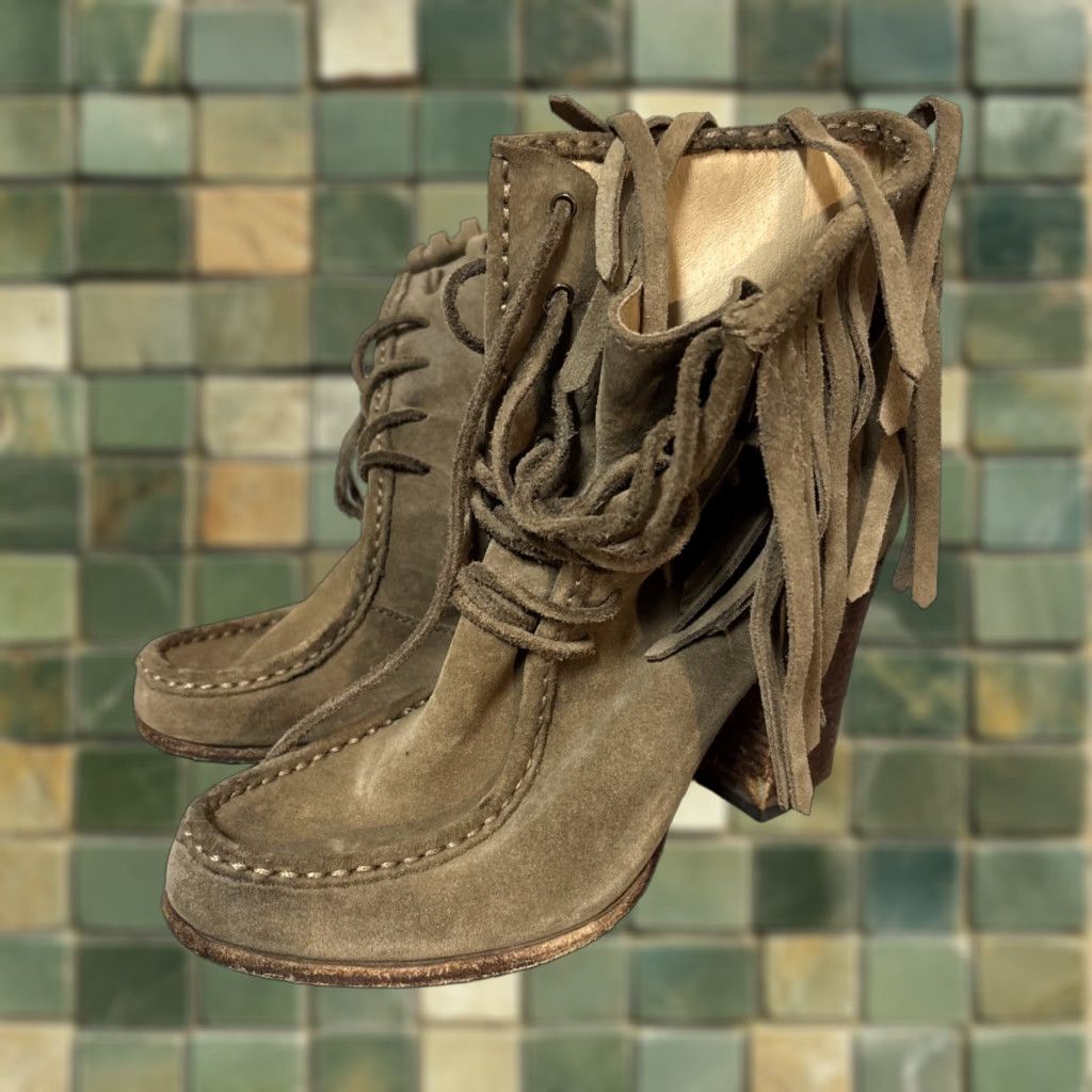 Frye VINTAGE Frye Parker Fringe Suede Lace Up Ankle Bootie Women's 8.5 Brown Tan Boho M Size US 9 / IT 39 - 1 Thumbnail