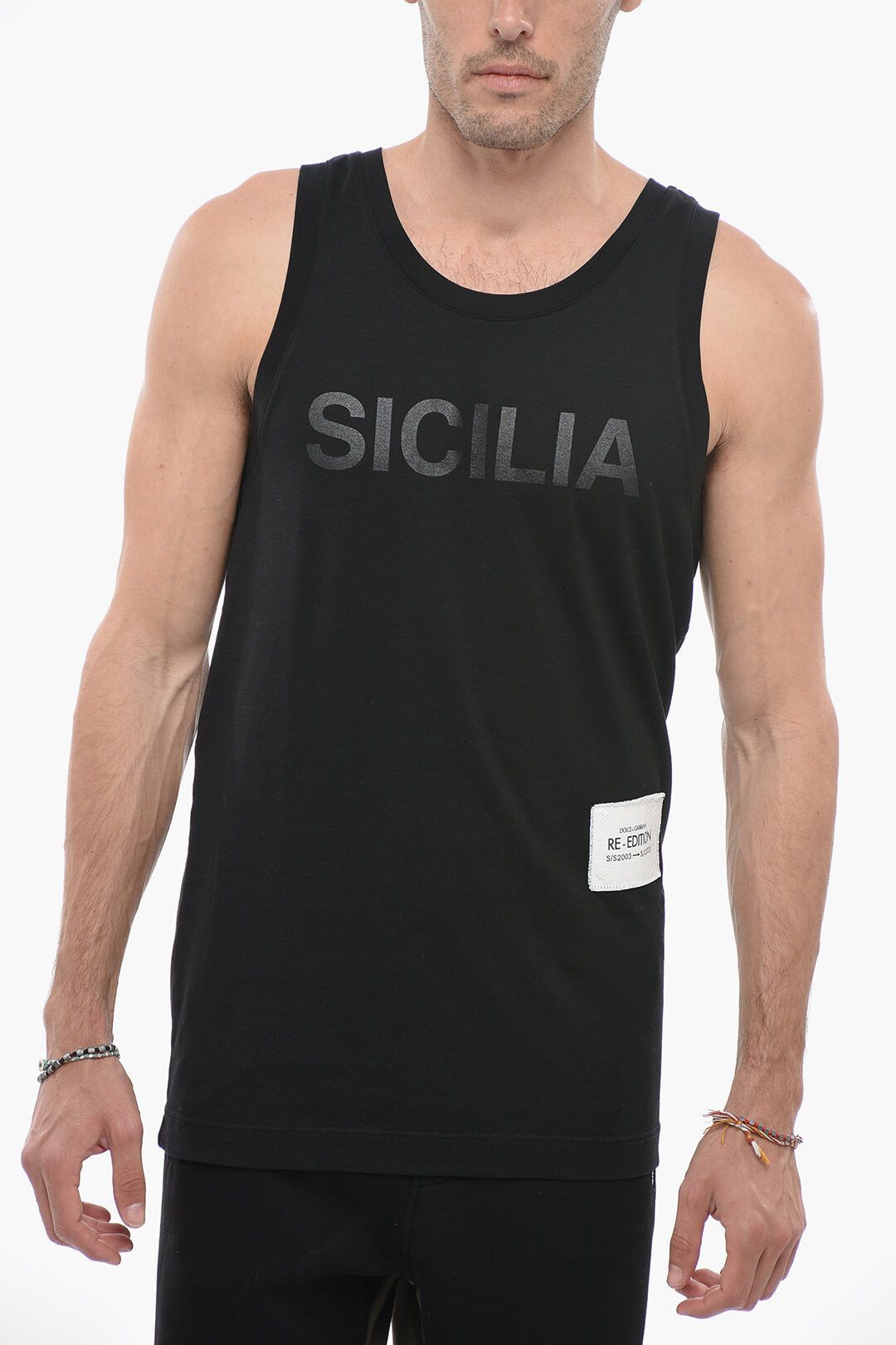 image of Dolce Gabbana Og1Mm0424 Re-Edition Cotton Sicilia Tank-Top In Black, Men's (Size Medium)