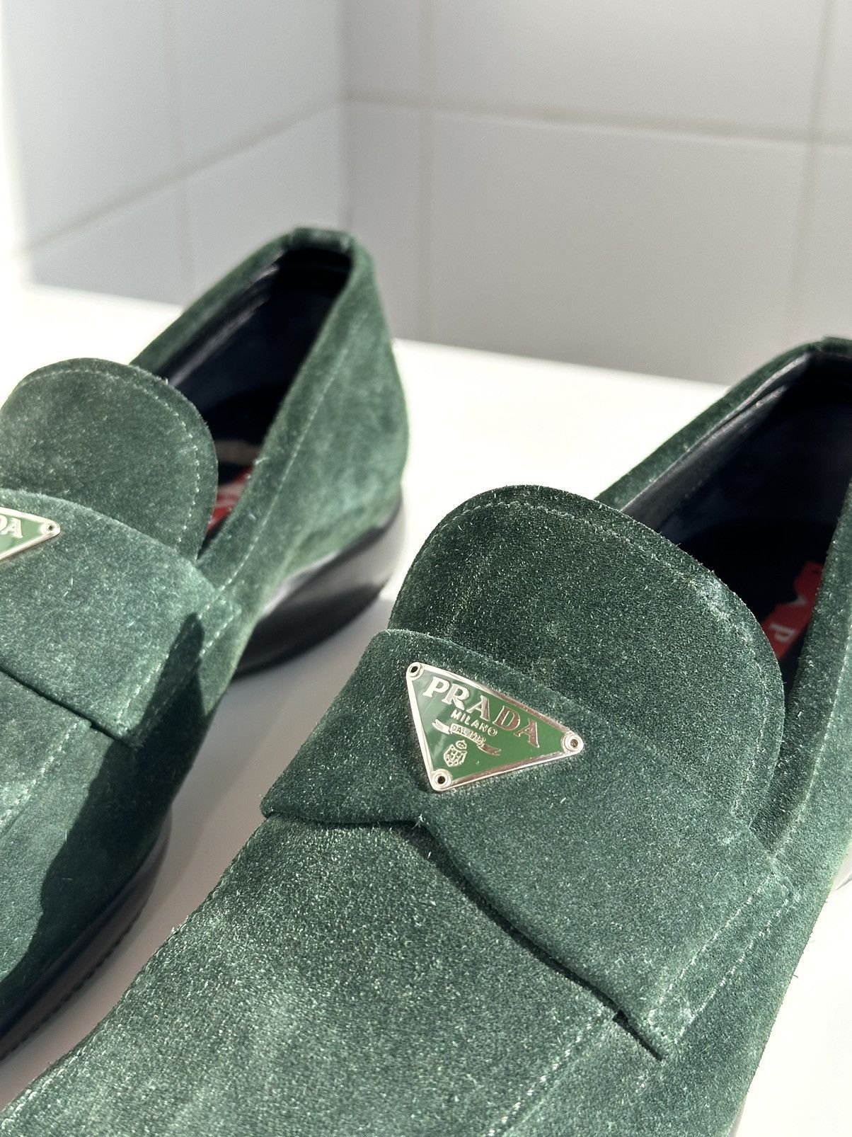 Prada PRADA Green Suede Triangle Logo Square Toe Loafers Slip One Size US 6 / IT 36 - 15 Thumbnail