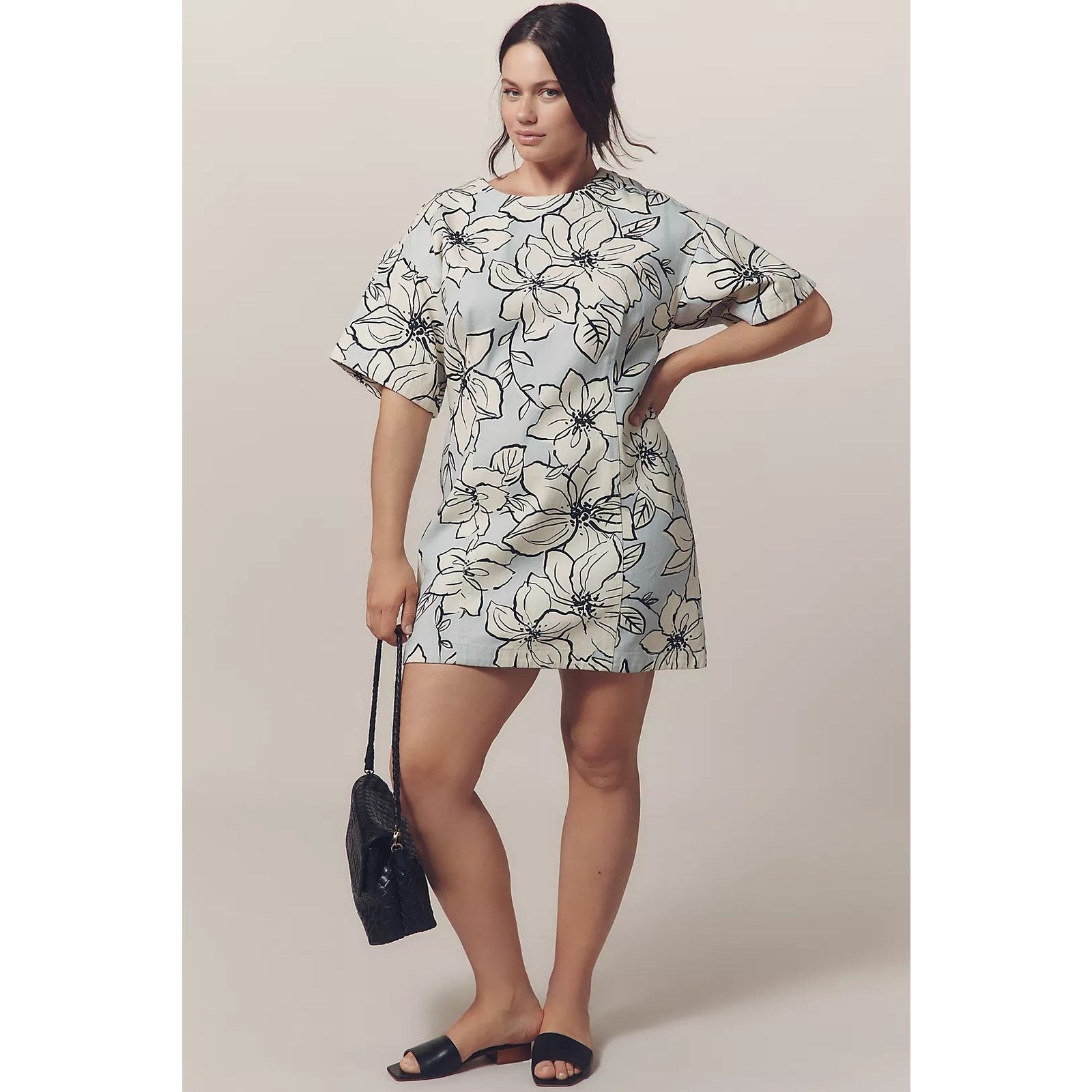 Anthropologie NWT Dhruv Kapoor Short-Sleeve Denim Mini Dress $168 Floral Size S / US 4 / IT 40 - 5 Thumbnail