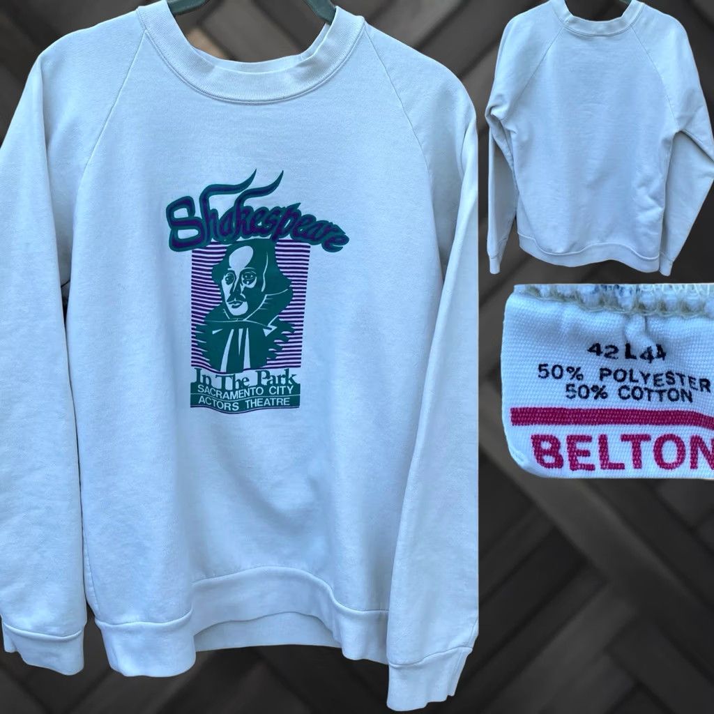 Vintage Vintage Shakespeare In The Park Sacramento City Actors Theatre Raglan Sweatshirt Mens L Ivory Graphic Print Pullover Long Sleeve 1980s Size US L / EU 52-54 / 3 - 1 Thumbnail