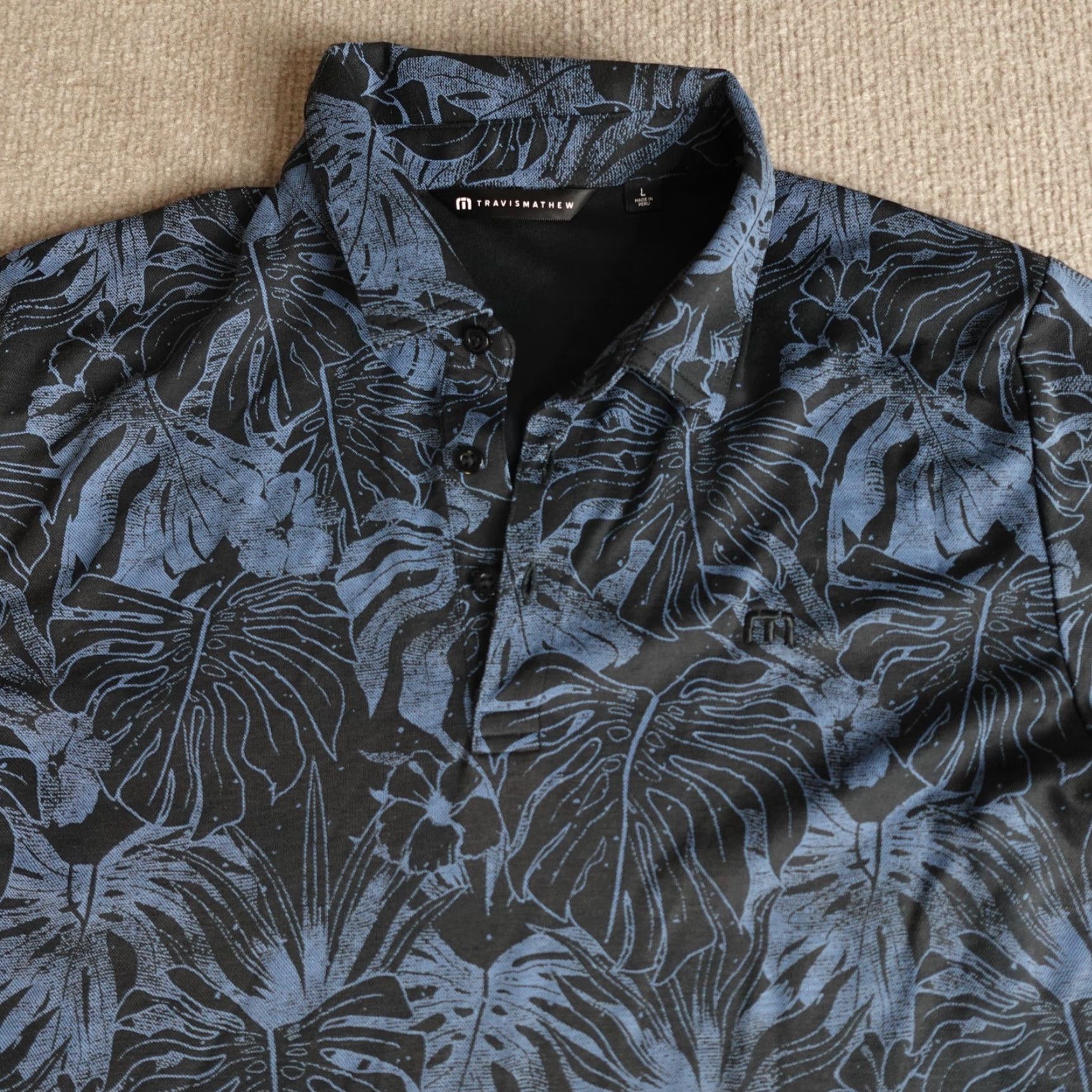 TravisMathew Travis Mathew Polo Shirt Large Black Floral Monstera Deliciosa All Over Print Mens Size US L / EU 52-54 / 3 - 2 Thumbnail