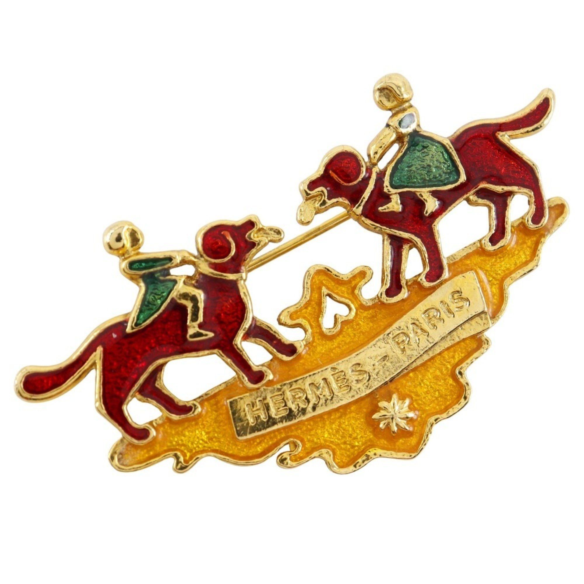 Hermes Hermes Hermès Cloisonne Girl & Dog Brooch, Vintage Cloisonné, Gold-Plated, Green, Approx. 18g Size ONE SIZE - 1 Thumbnail