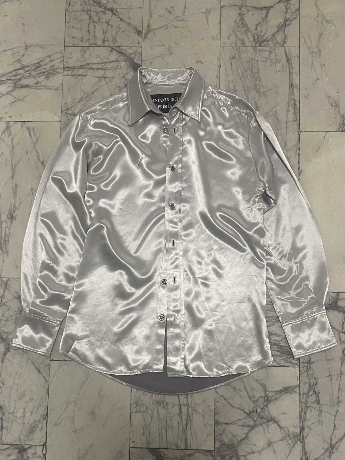 image of Enfants Riches Deprimes Ss16 Unreleased Satin Button Up in Silver, Men's (Size Medium)