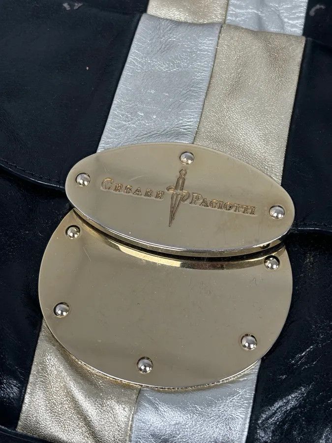Vintage Cesare Paciotti Black Gold Stripe Leather Shoulder Bag Size ONE SIZE - 7 Thumbnail