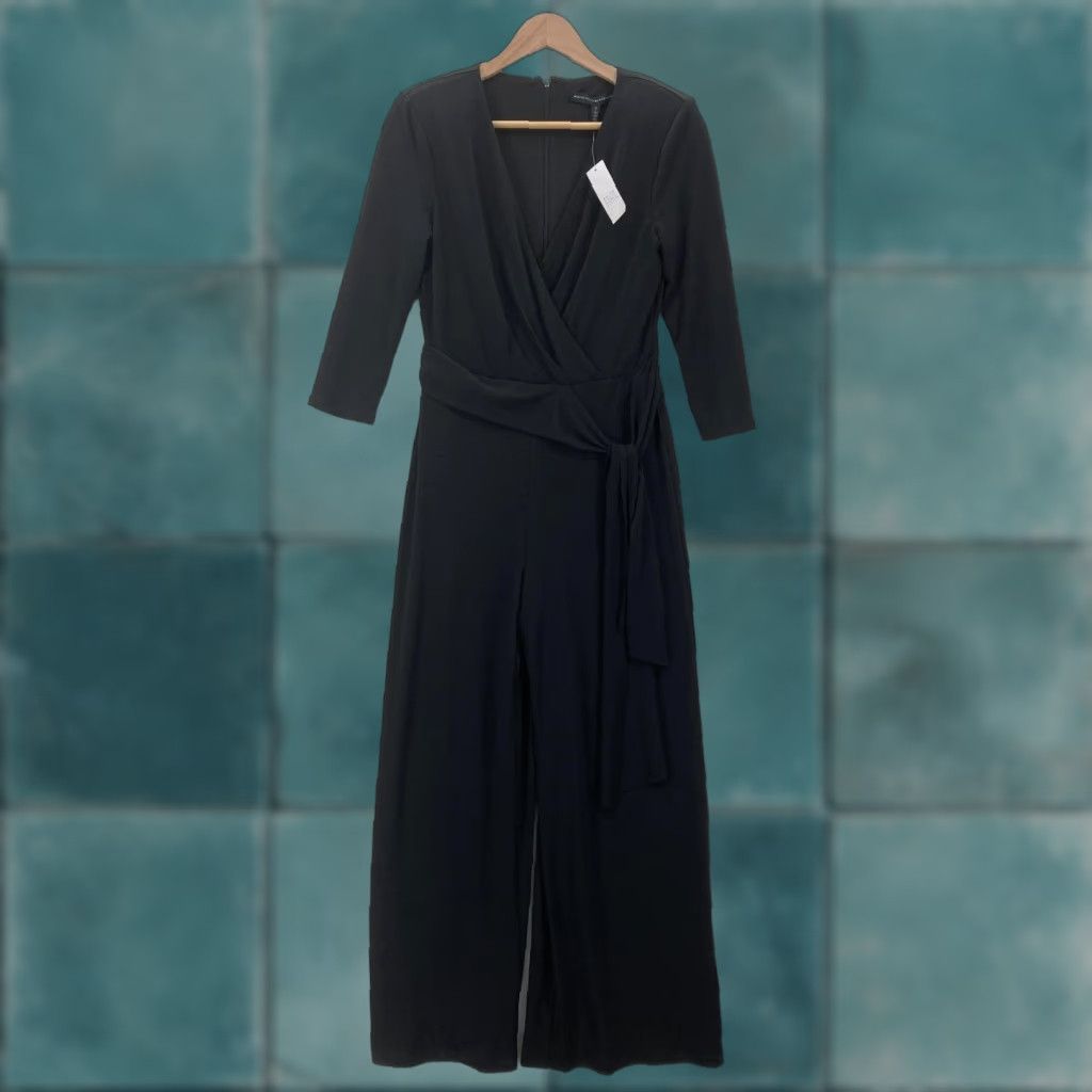 White House Black Market VINTAGE White House Black Market Jumpsuit Womens 2 Black Belted Wrap Wide Leg NWT Size 26" / US 2 / IT 38 - 1 Thumbnail