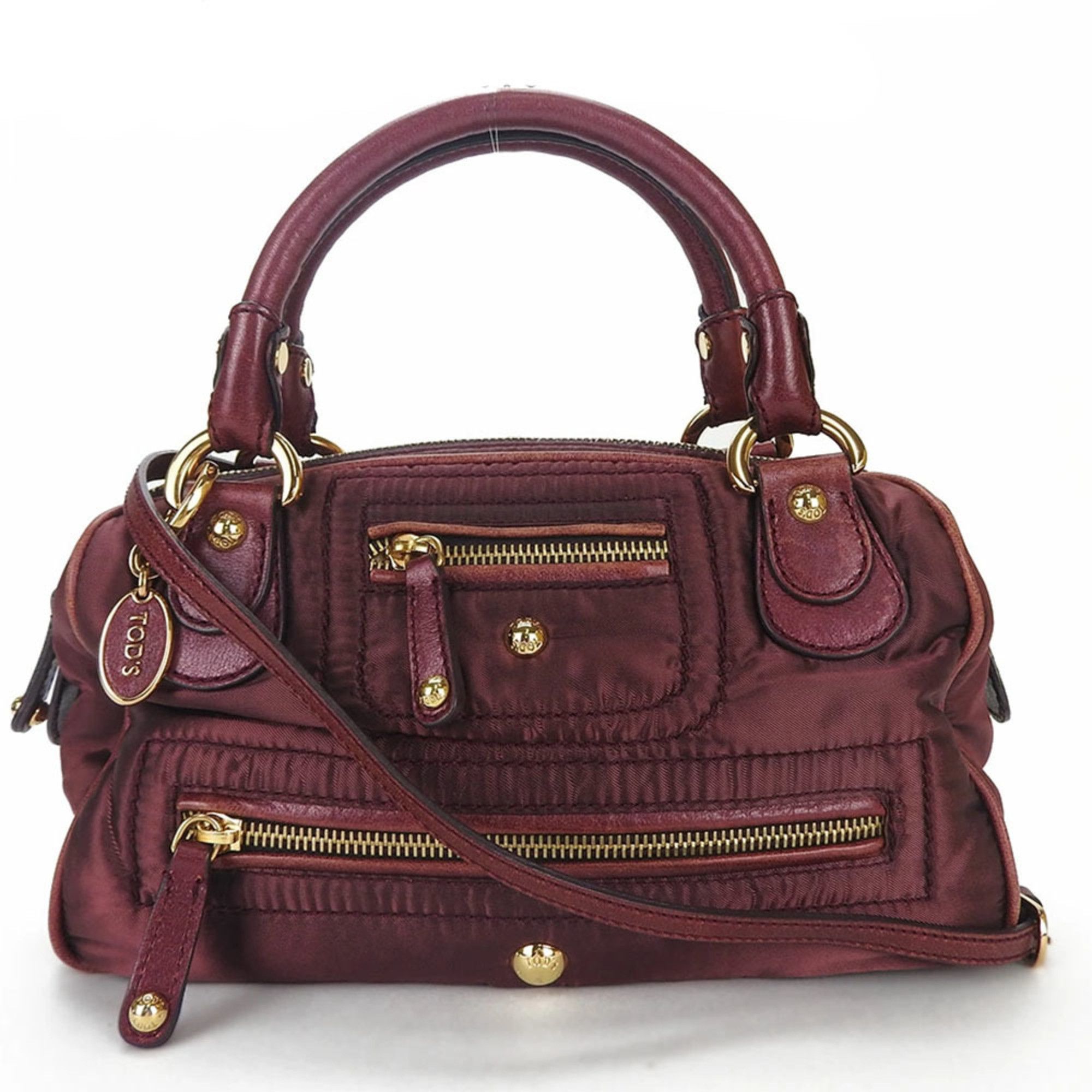 image of Tods Tod's 2Way Handbag Shoulder Nylon Leather Red Bordeaux Wine Ladies Hand Bag, Women's