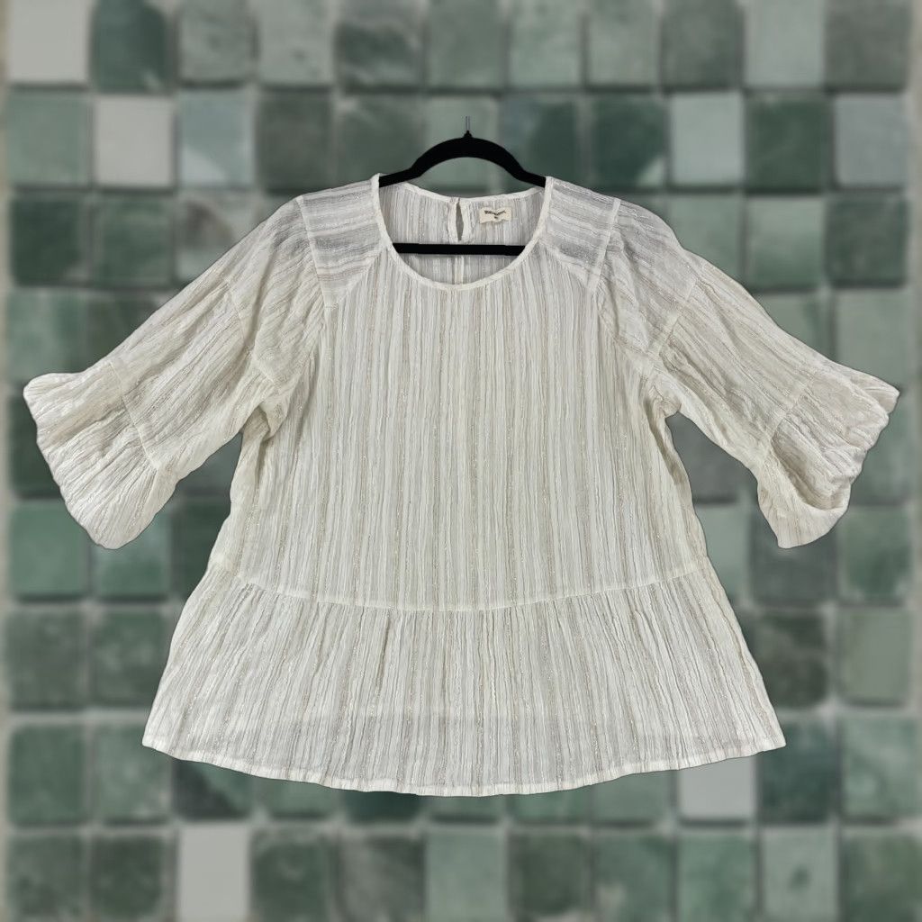 Vintage World Market Womens Medium Ivory Gold Metallic Peasant Shirt 3/4 Sleeve Pullover Size M / US 6-8 / IT 42-44 - 1 Thumbnail