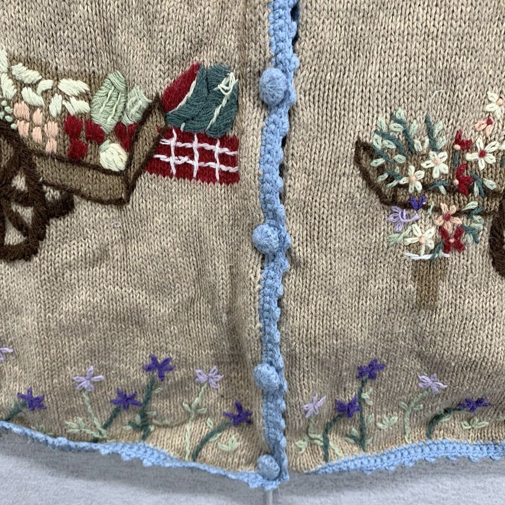 Vintage VINTAGE Stitches in Time Women's Small Cardigan Sweater Beige Long Sleeve Embroidered Cottage Garden Theme Bohemian 90s Cotton Ramie Blend Size S / US 4 / IT 40 - 3 Thumbnail