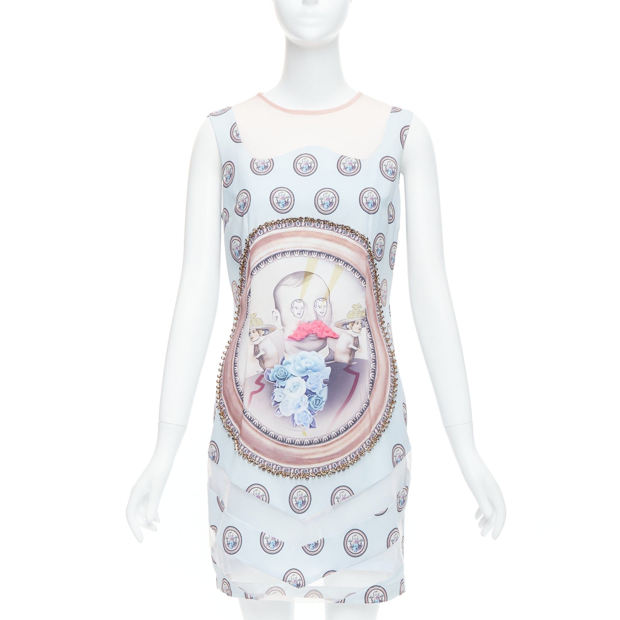 MSGM MSGM baby blue silk blend portrait print embellished shift dress L Size M / US 6-8 / IT 42-44 - 1 Thumbnail
