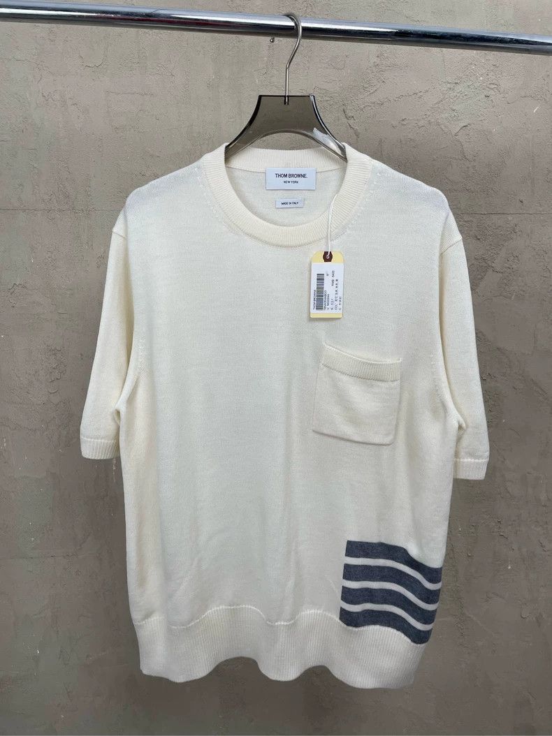 Thom browne Beige four-striped high-end knitted round-neck