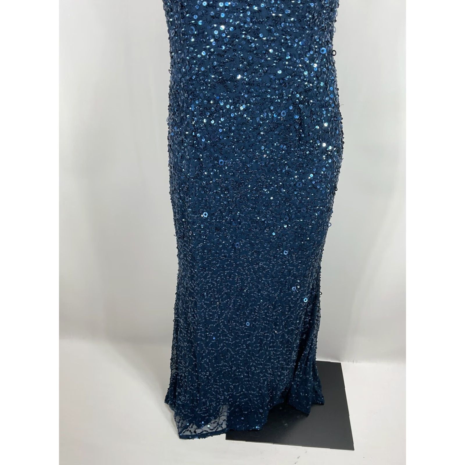 VINTAGE Adrianna Papell Navy Blue Strappy Halter Sequin Low Back Dress Gown  Sz 8