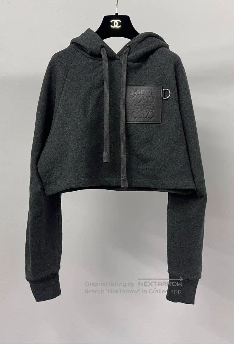 Loewe Black Leather Patch Logo Hoodie Long Sleeve Top