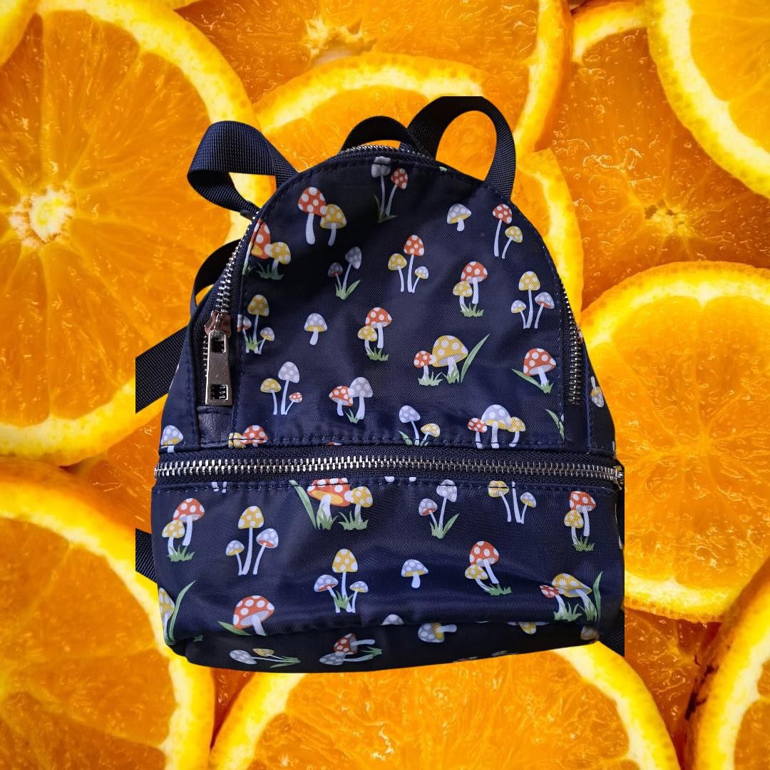 Other Dark Blue with Colorful Mushroom Small Backpack/Purse/Bag Size ONE SIZE - 2 Thumbnail