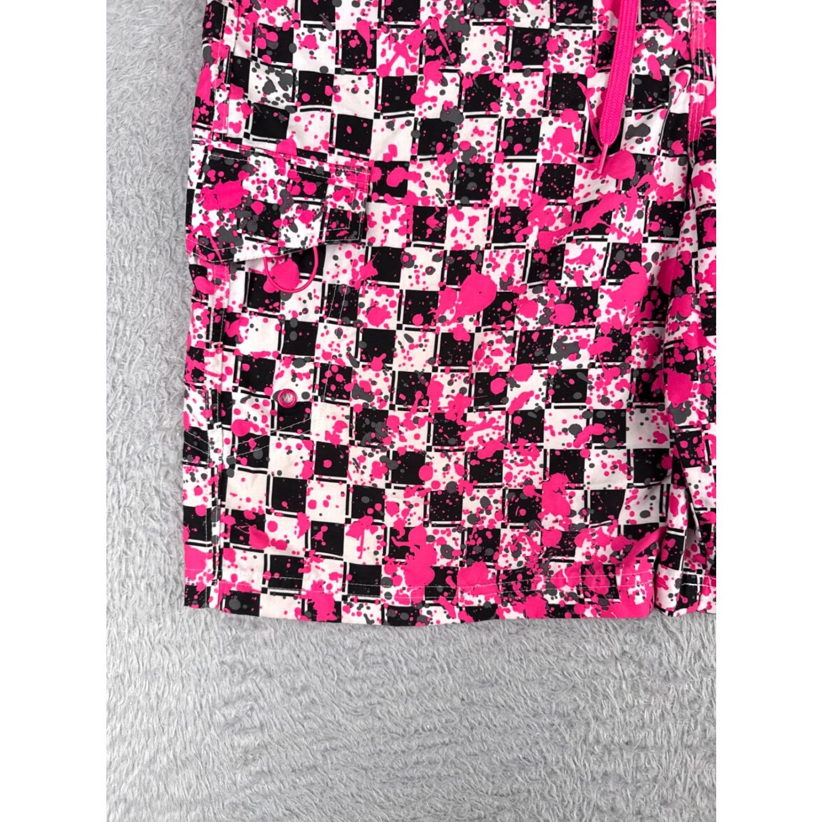 Vintage O'rageous Mens Board Shorts Pink 36 Checkered Black Pink Polyester Camouflage Pockets Drawstring Beach 90s? Size US 36 / EU 52 - 3 Thumbnail