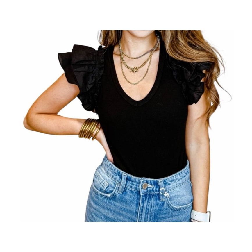 Other Day+Moon Solid Black Short Sleeve Ruffle V-Neck Bodysuit Size M / US 6-8 / IT 42-44 - 1 Thumbnail