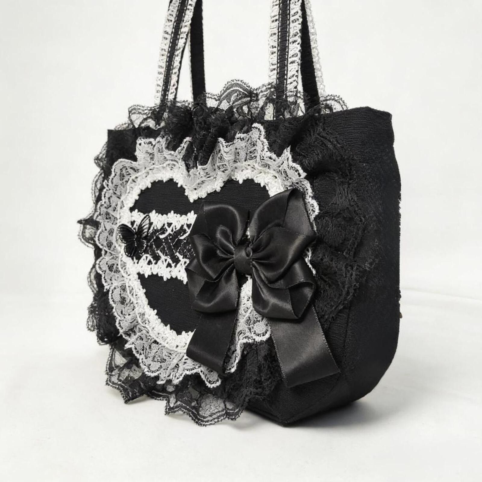 Other Black & White Lace Heart Lolita Tote Bag | Gothic Handbag Size ONE SIZE - 7 Thumbnail