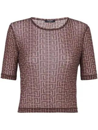 Image of Balmain O1Srvl11E0524 Monogram Print Crop Top In Brown, Women's (Size XL)