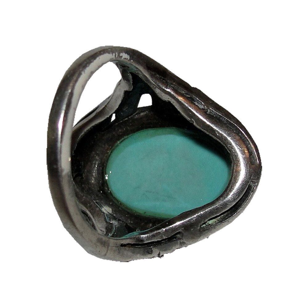 Designer Art Deco Sterling Marcasite and Turquoise Ring Size ONE SIZE - 4 Thumbnail