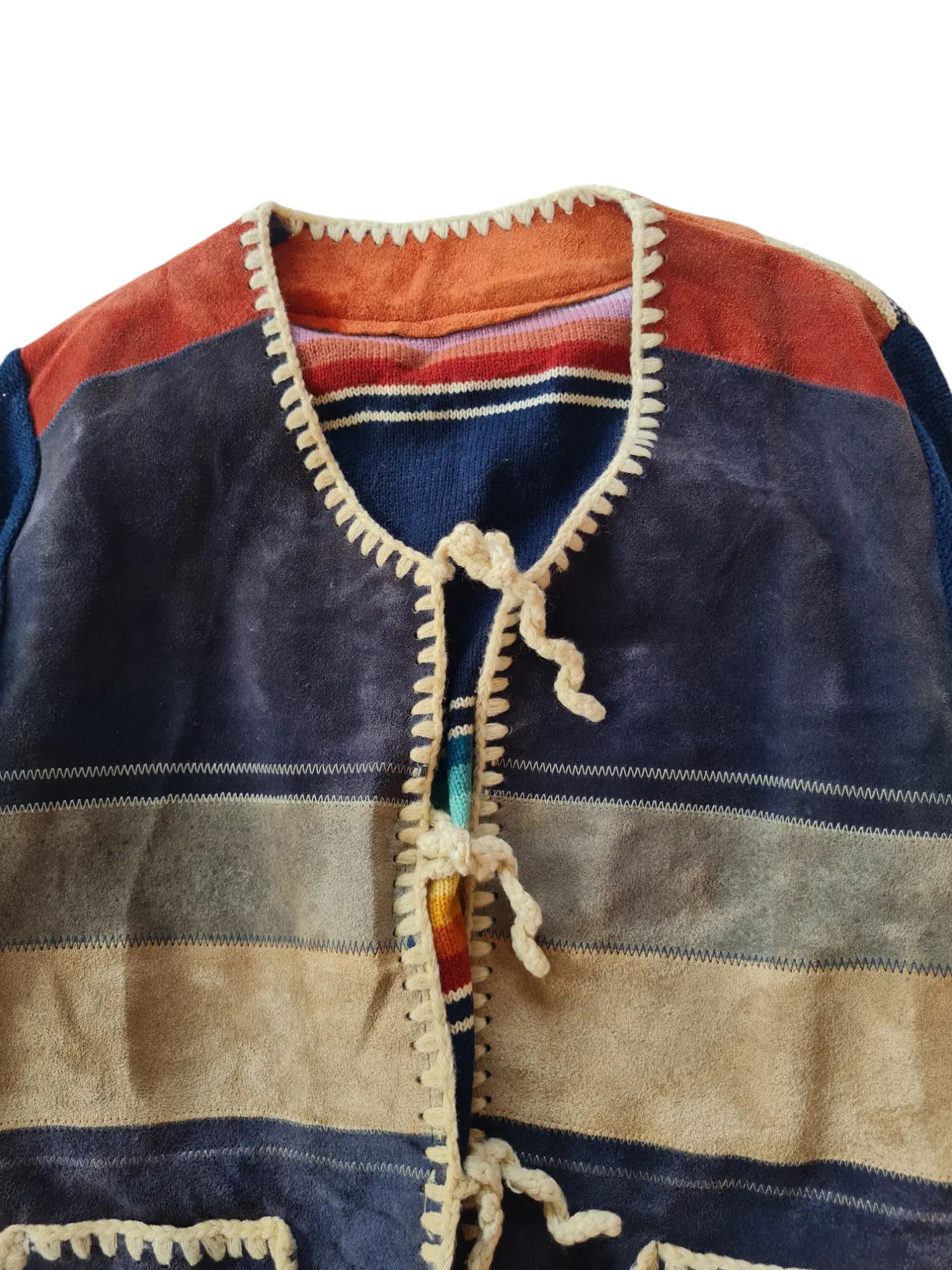 Vintage KNIT & SUEDE STRIPED TEXTILE PATCHWORK CARDIGAN Size US M / EU 48-50 / 2 - 4 Thumbnail