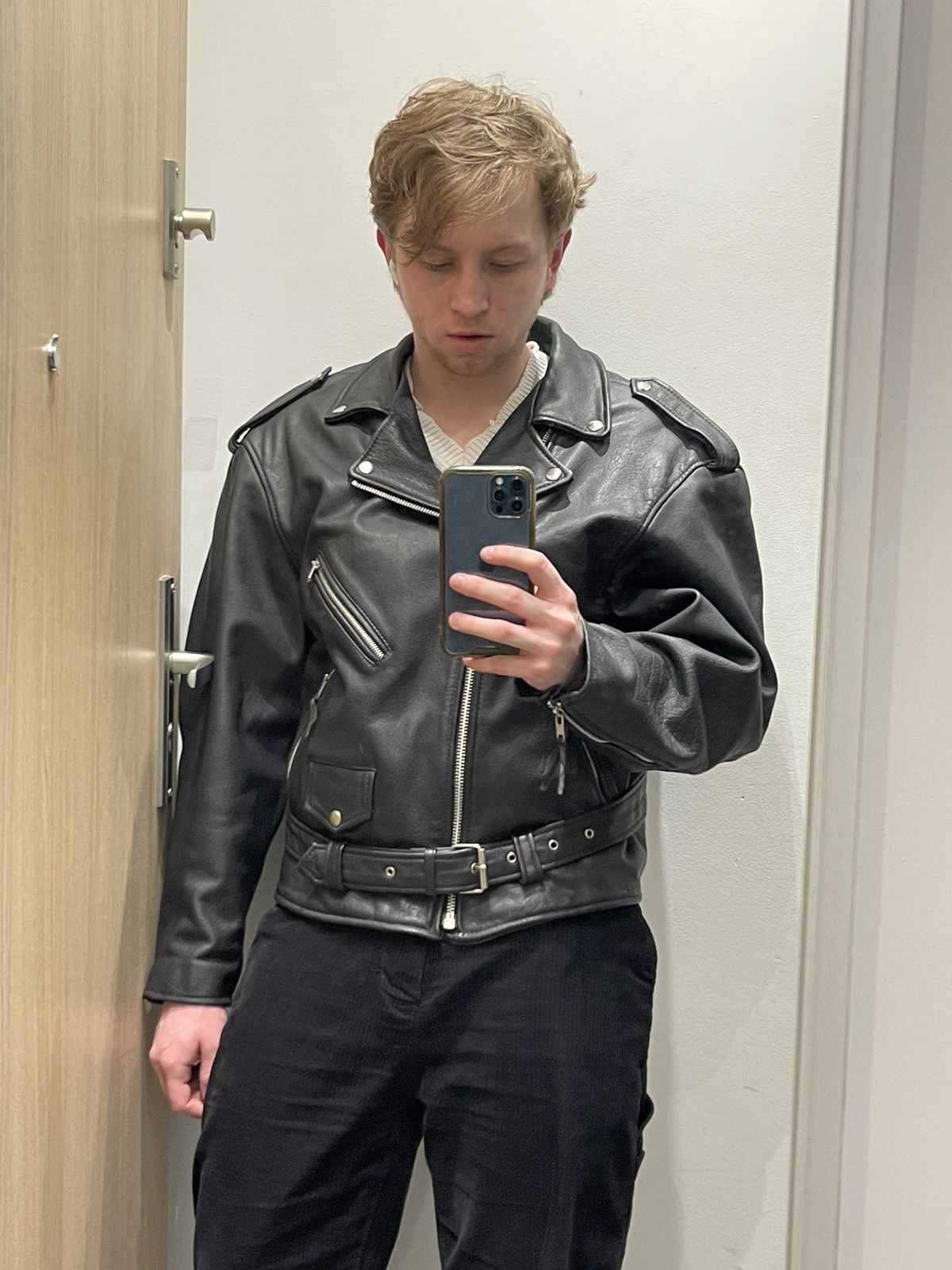 Leather Berto Lucci Biker Belted Moto Racing Black Leather Jacket Size US M / EU 48-50 / 2 - 3 Thumbnail