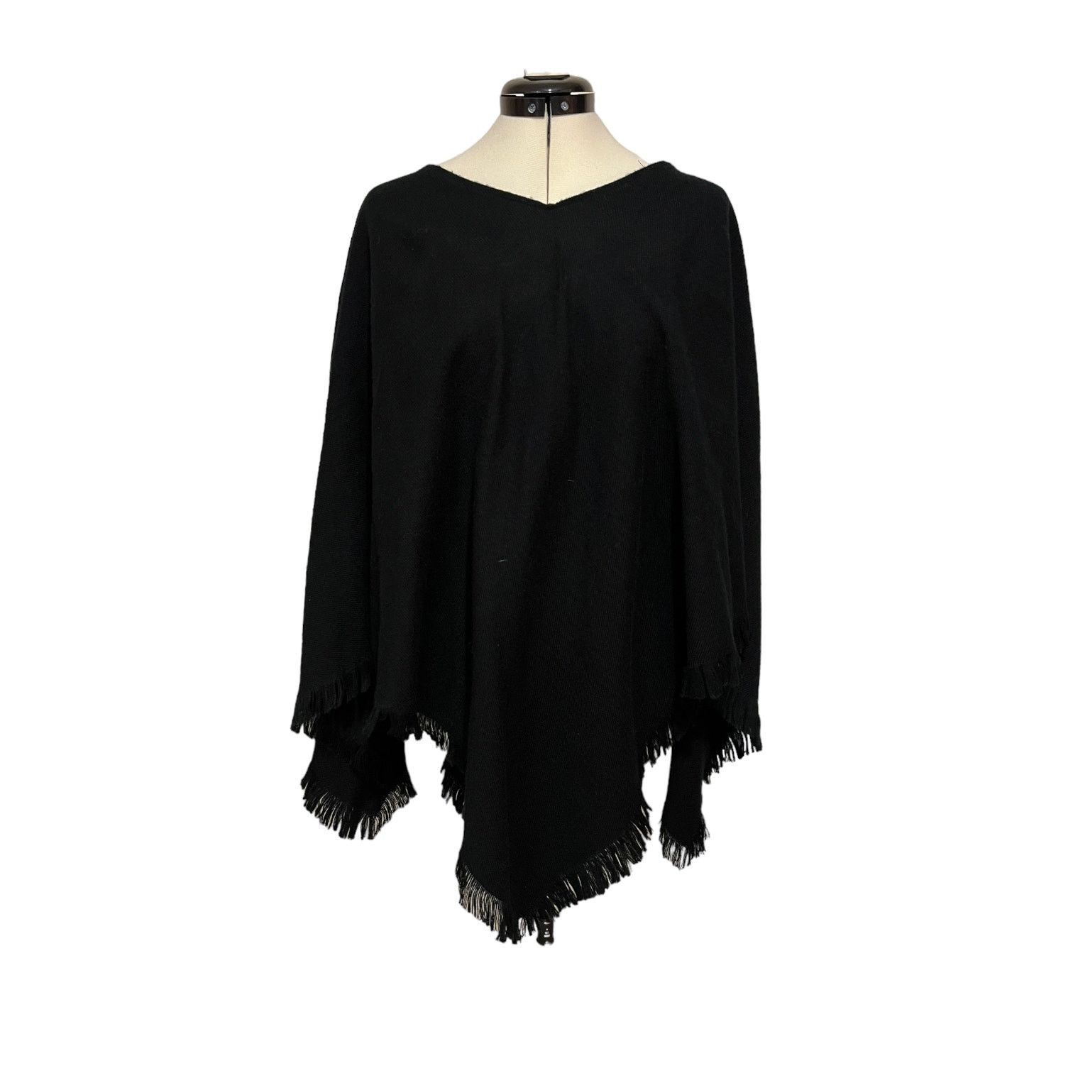 Other Wool Touch Acrylic Basic Black V-Neck Poncho with Fringe Size ONE SIZE - 1 Thumbnail