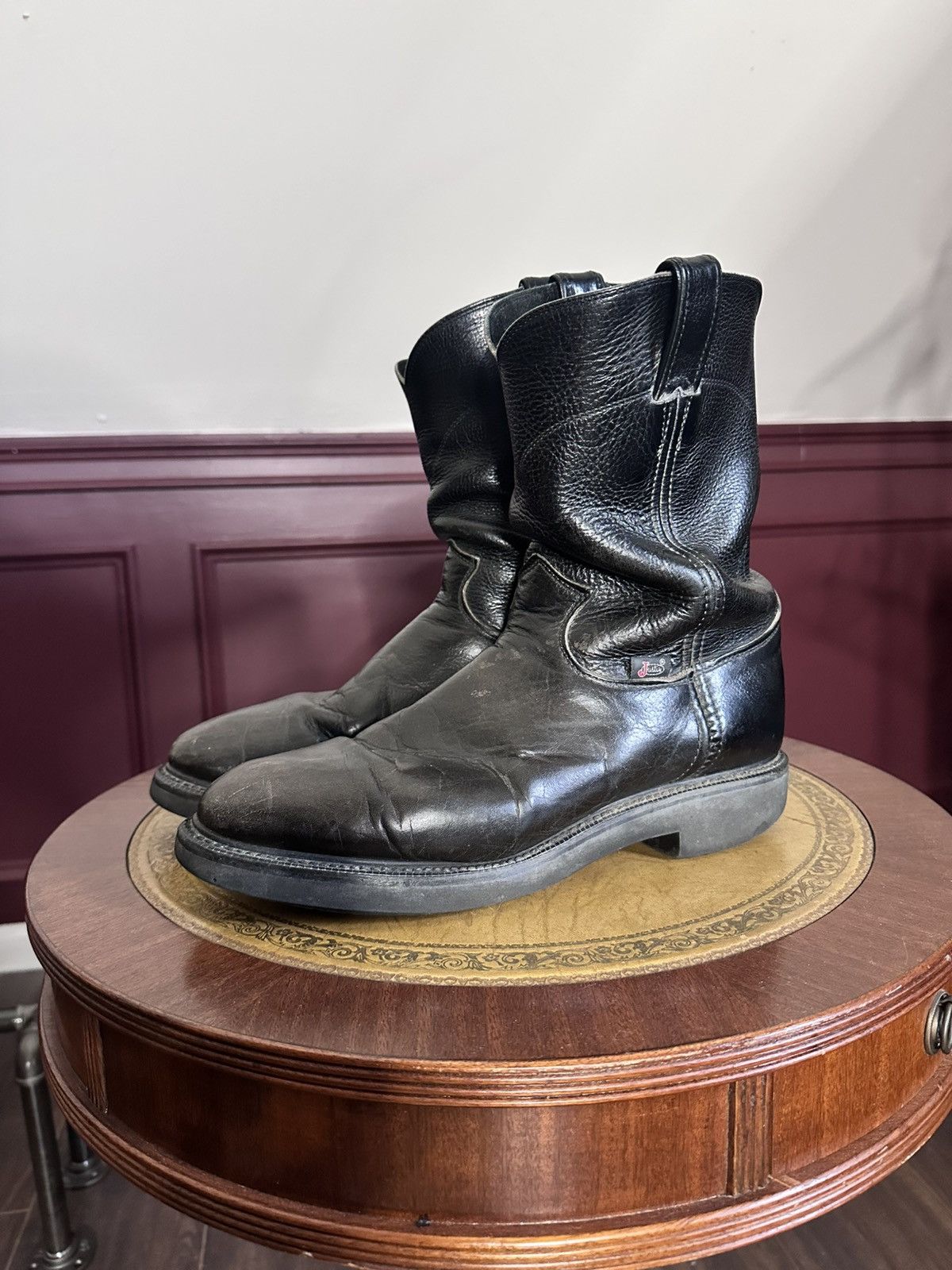 Pre-owned Justin Boots Justin Vtg Engineer Western Cowboy Black Leather Boots Miusa