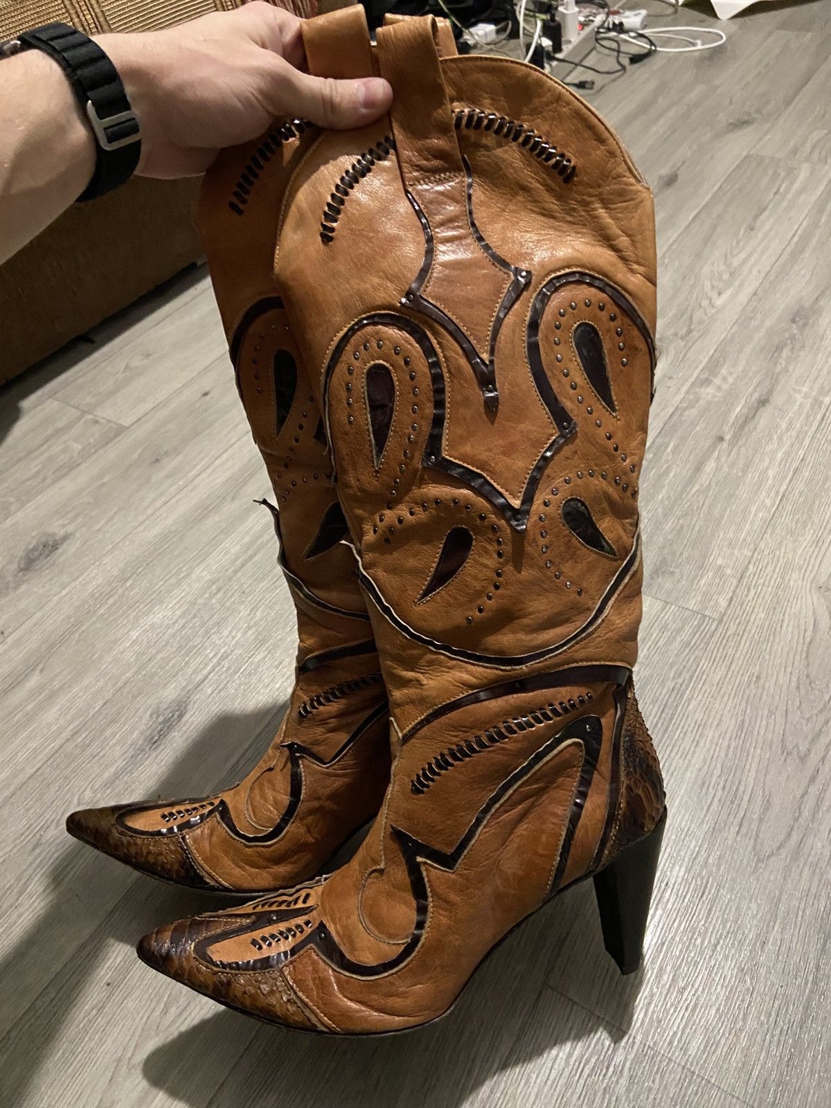 Jo Ghost Jo Ghost Stunning Leather & Snakeskin Knee High Cowboy Boots Size US 10 / IT 40 - 7 Thumbnail