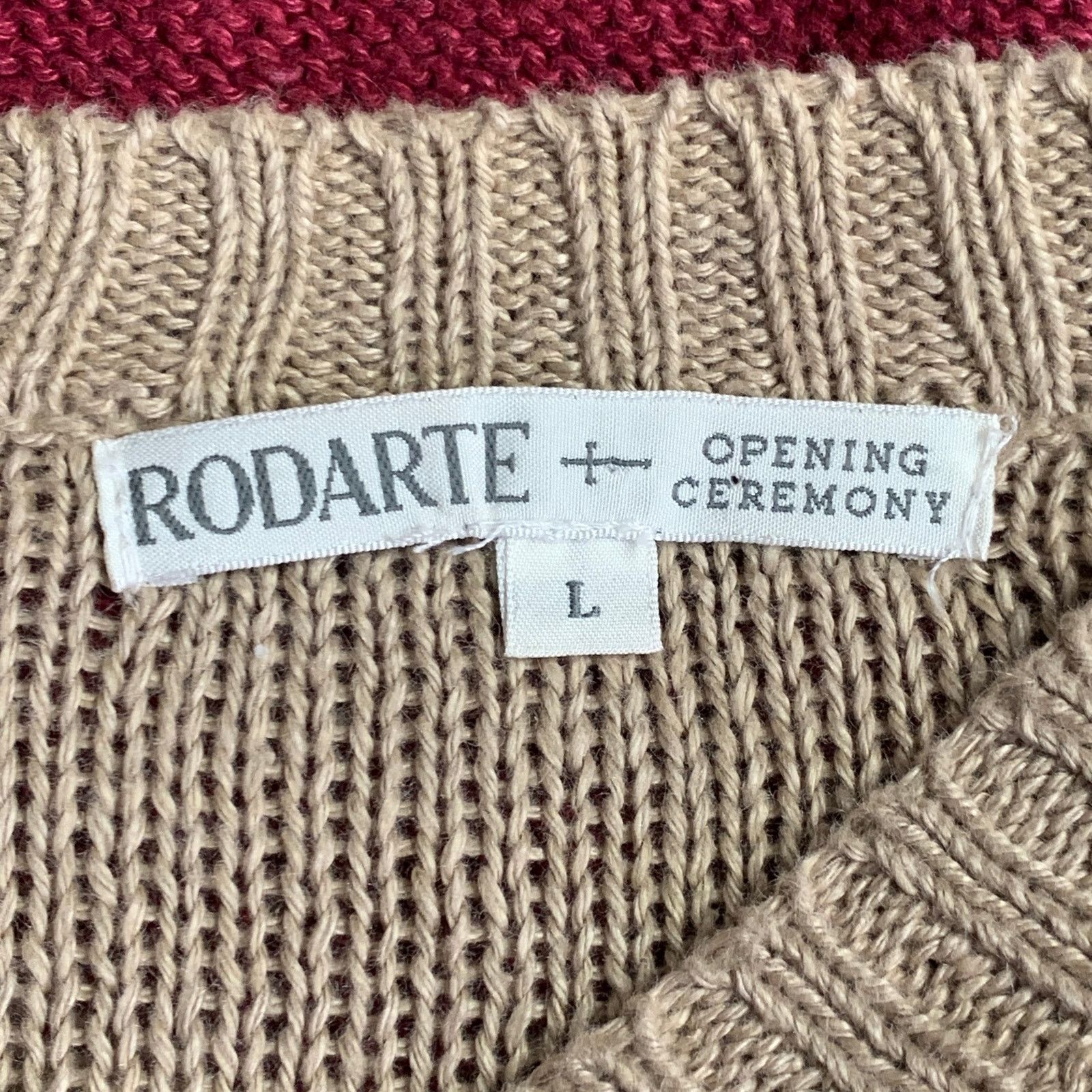Opening Ceremony RODARTE Beige Red Knit Linen V-Neck Sweater Size US L / EU 52-54 / 3 - 9 Thumbnail