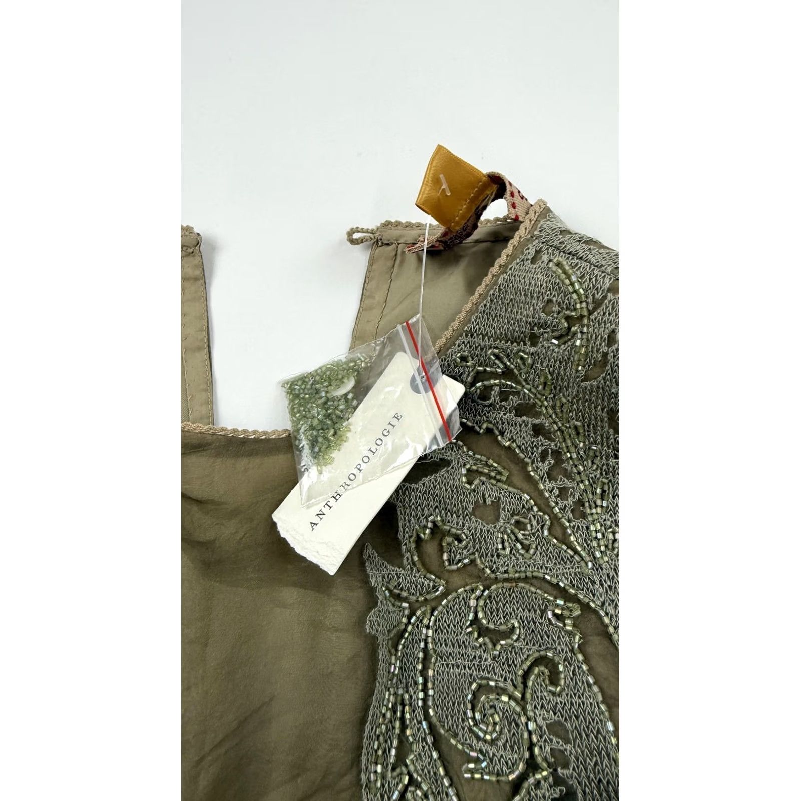 Anthropologie Not So Serious Dress Womens 0 Olive Green Silk Beaded Embroidered Tiered Sheer Size XS / US 0-2 / IT 36-38 - 5 Thumbnail