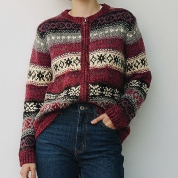 Vintage Vintage Tangents Patterned Wool Blend Zip-Up Sweater - Red a Size S / US 4 / IT 40 - 1 Thumbnail