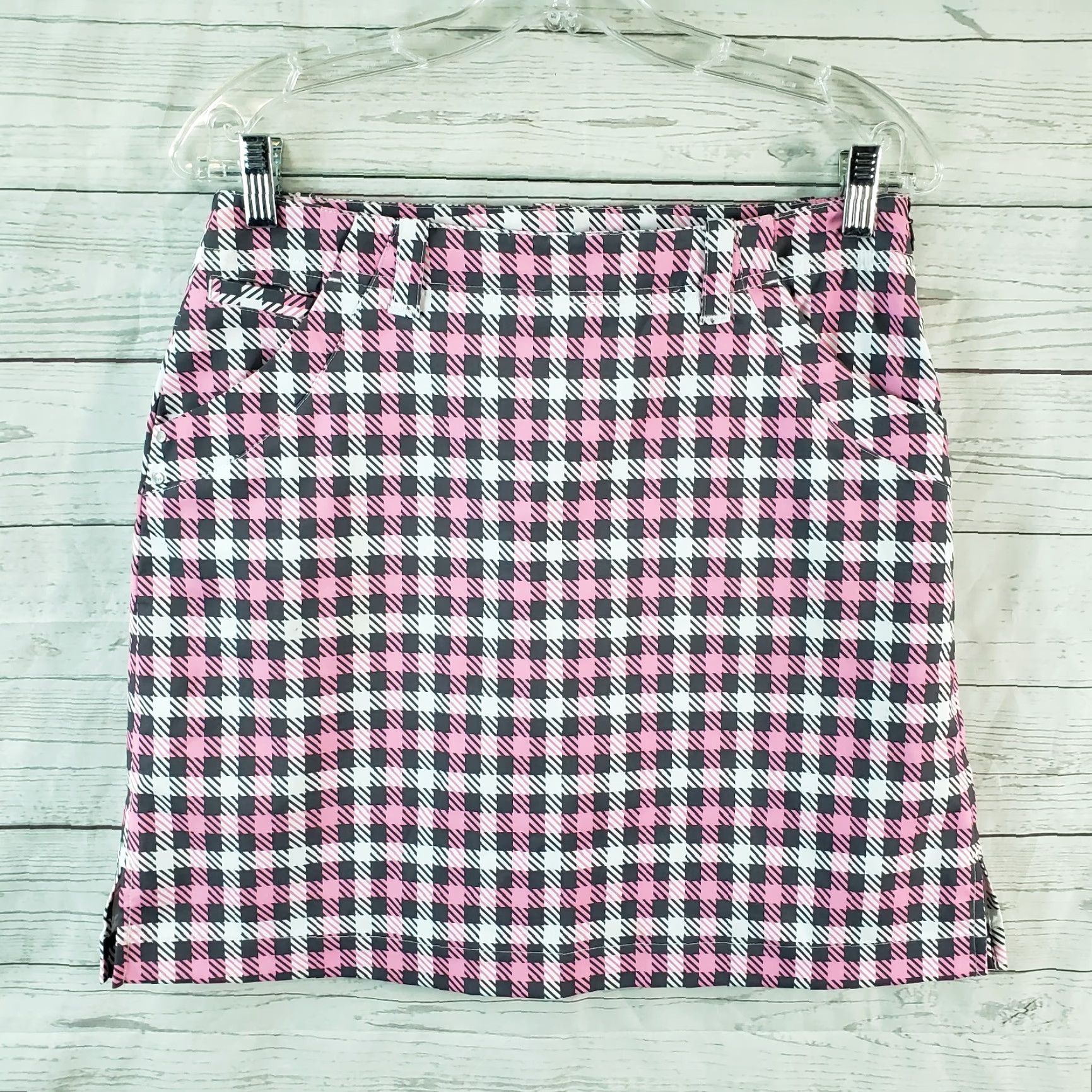 Pinko Nivo Womens Skort Sz 4 Pink Gray Checkered Pockets Side Zip Activewear Shorts Skirt Black Gray Poly Blend Zip Pocket Size ONE SIZE - 2 Thumbnail
