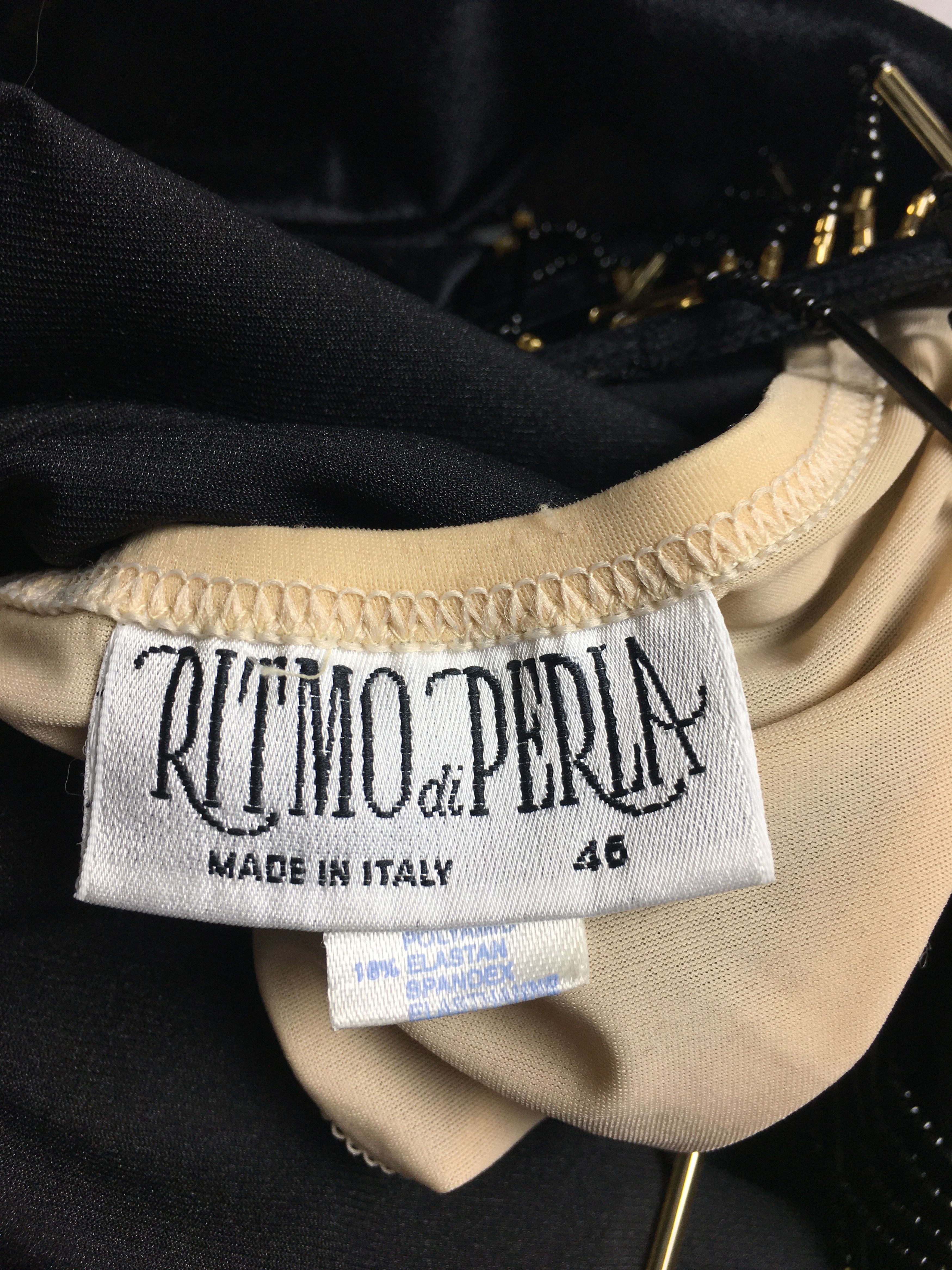 Vintage Vintage Ritmo di Perla Black Velvet Dress V-Back Gold Fringe Size L / US 10 / IT 46 - 9 Thumbnail