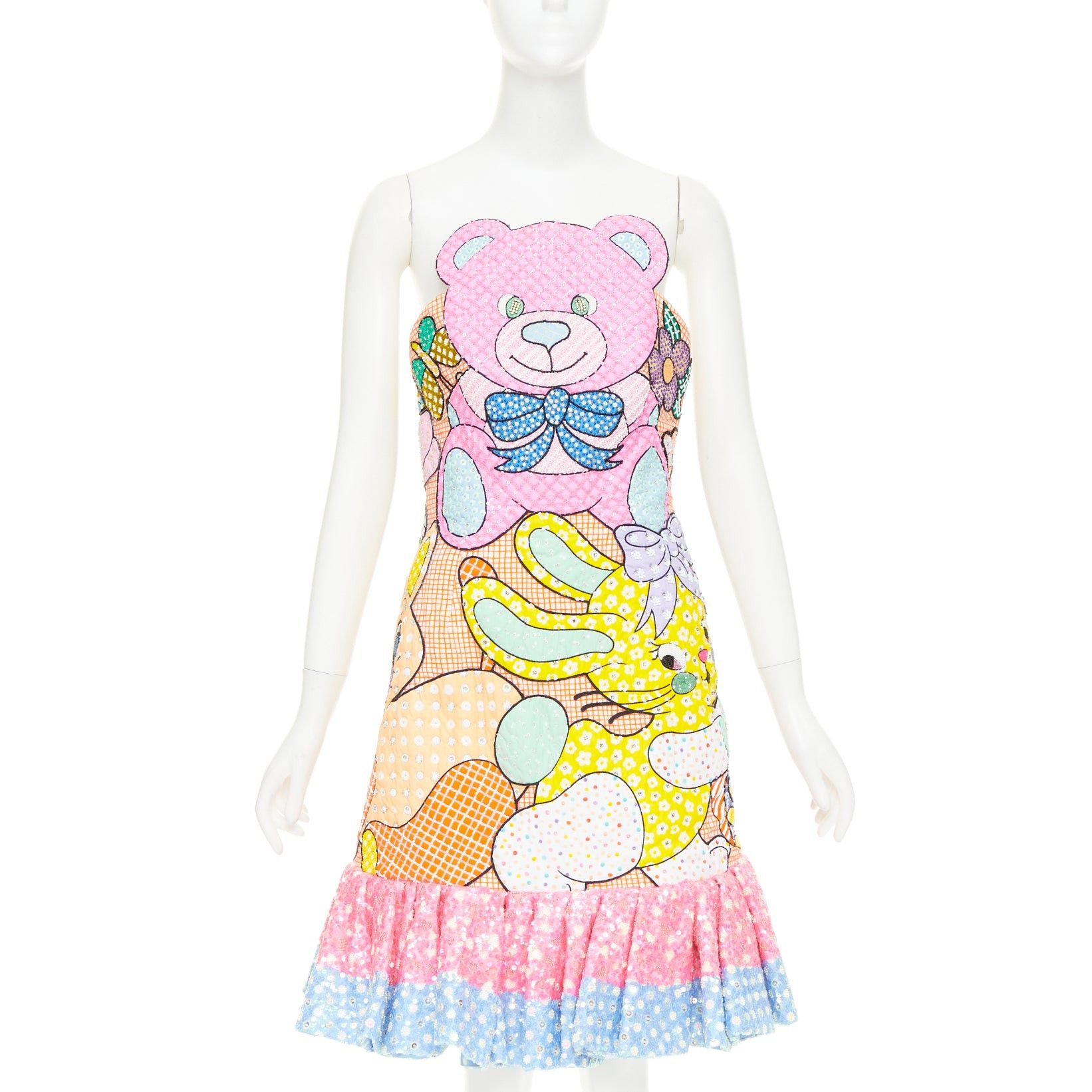 Moschino MOSCHINO COUTURE! 2022 Runway Calico Animals pink multicolor bear rabbit sequinned quilted mini dress IT40 S Size S / US 4 / IT 40 - 1 Thumbnail