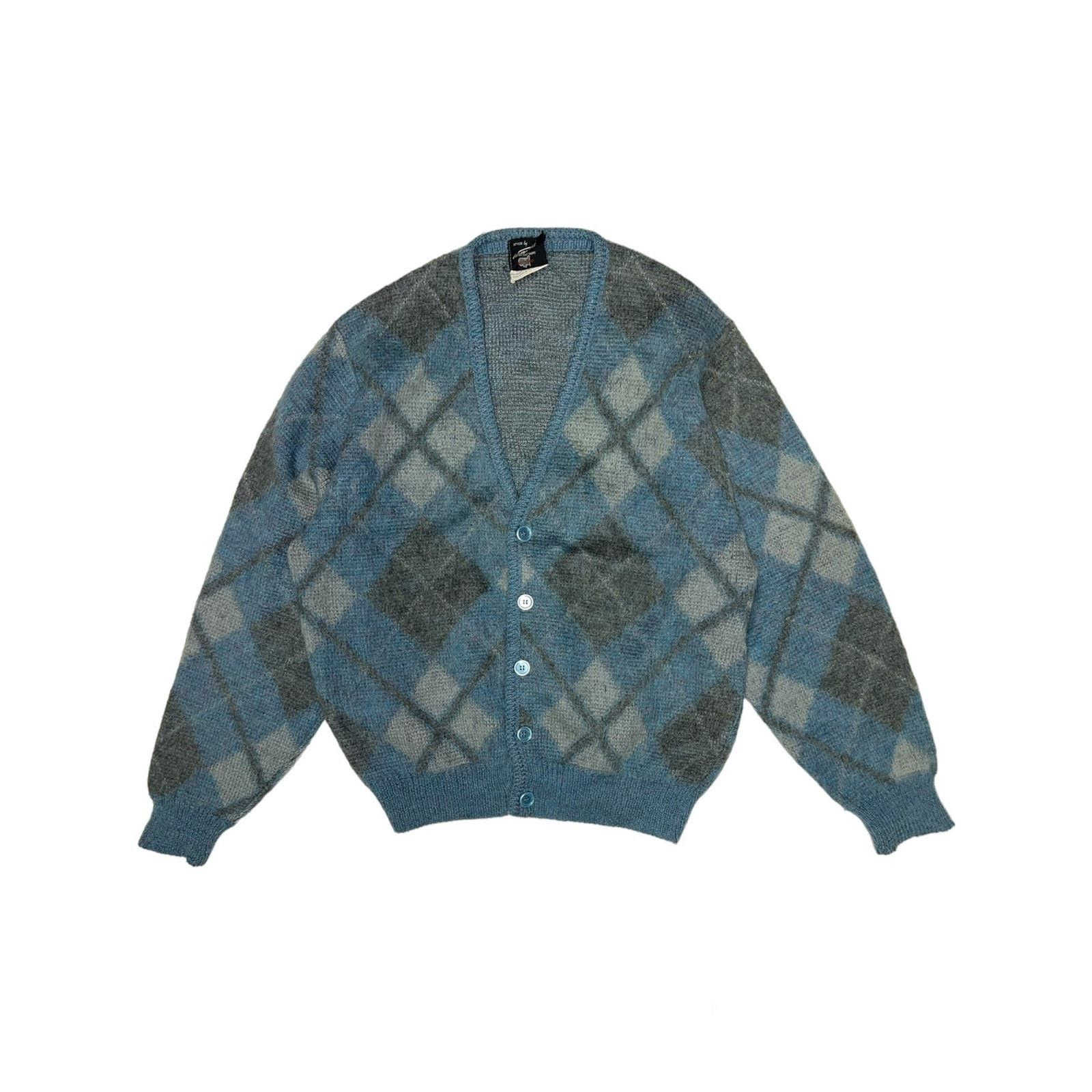 image of Vintage 1960’S/70’S National Shaggy Mohair Argyle Cardigan in Blue, Men's (Size Large)