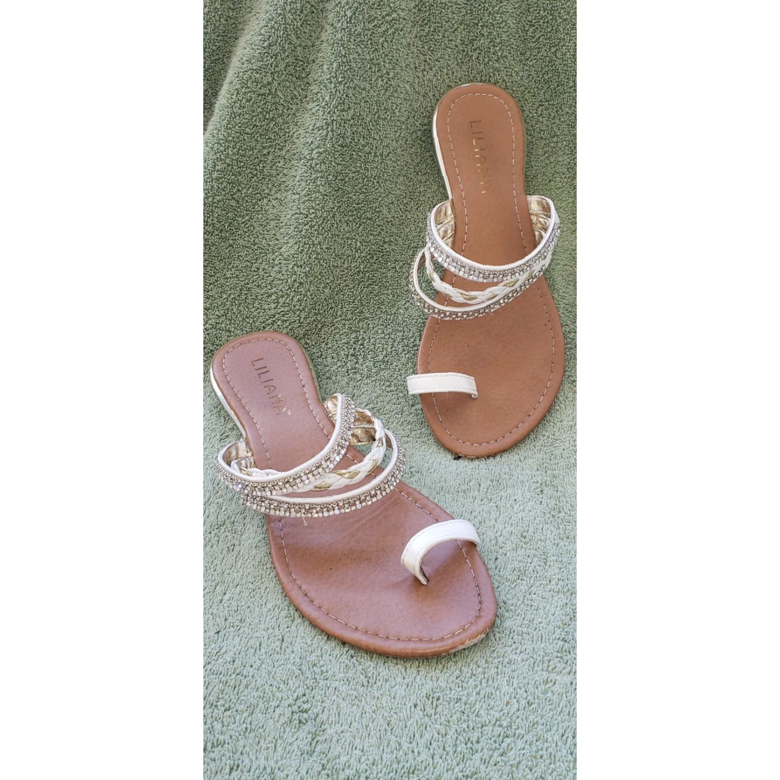 Vintage Liliana Toe Sling Sandal Slide In White Leather 2 Rhinestone Bands Gold Band 100% Leather Size 10M Women Shoes Size US 8 / IT 38 - 2 Thumbnail