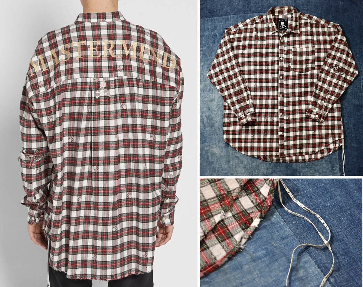 MASTERMIND WORLD DAMAGED SKULL CHECK FLANNEL SHIRT sizeL