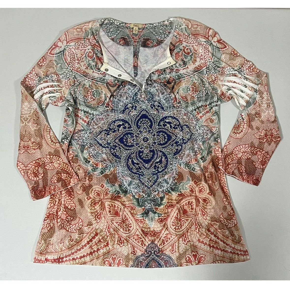 Dillard's Reba Orange Boho Bohemian Henley Shirt Top Blouse Size S 🧡💙✨ Size S / US 4 / IT 40 - 2 Thumbnail