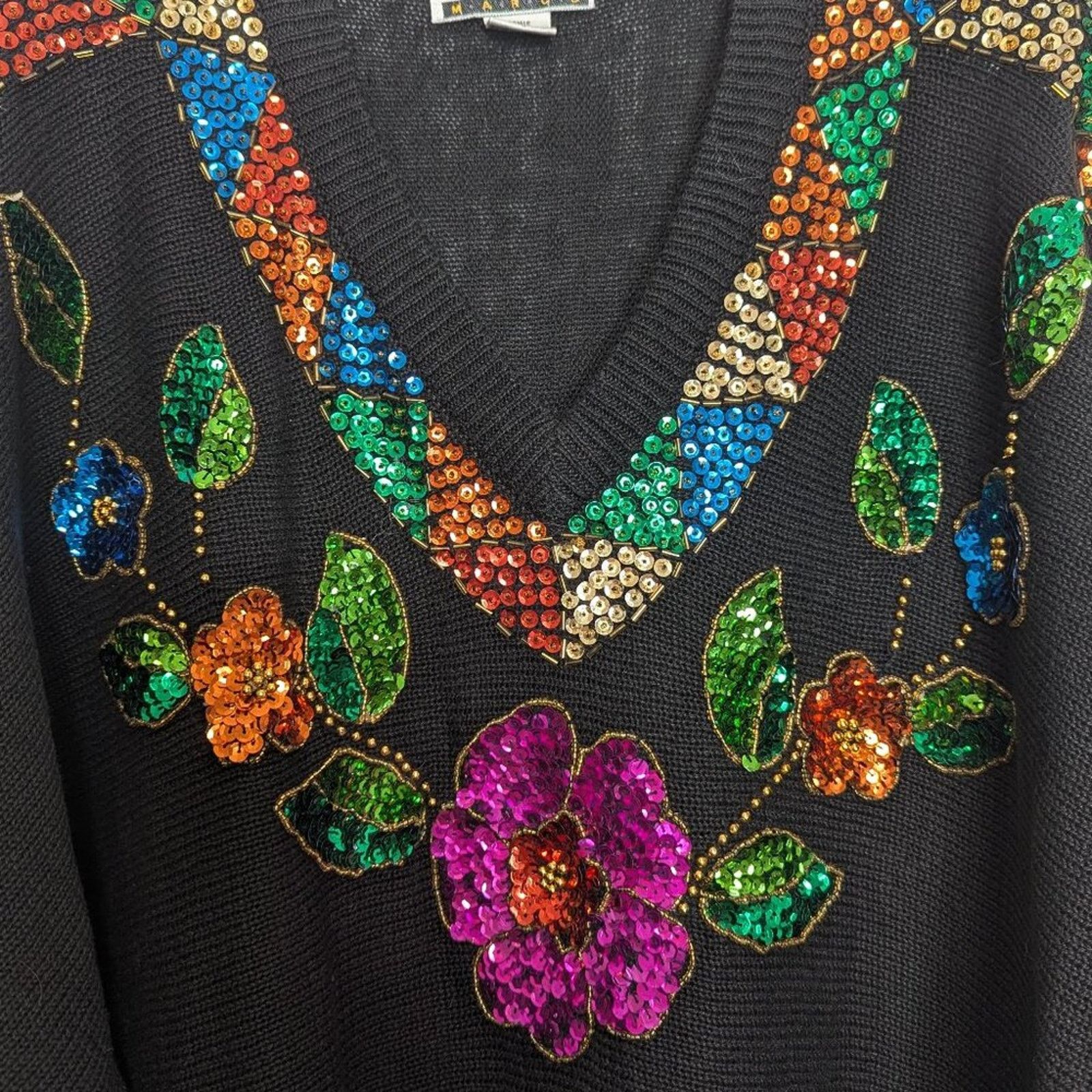 Vintage Diana Marco Vintage Black 80's Floral Sequin Sweater V-Neck Size XXL / US 16-18 / IT 52-54 - 7 Thumbnail