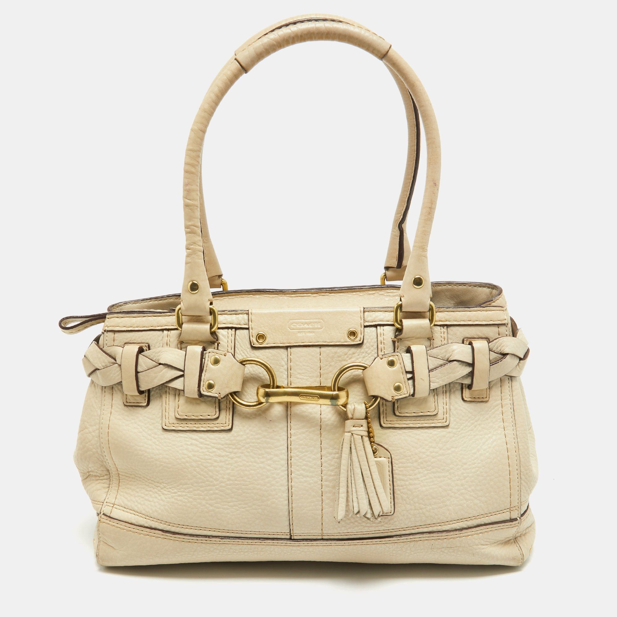 image of Coach Off White Leather Hampton Tote, Women's