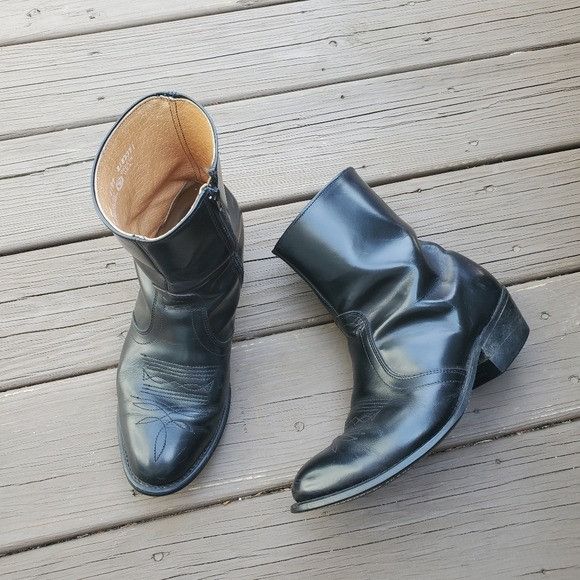 Pre-owned Vintage 70's Black Leather Square Toe Western Cowboy Boots