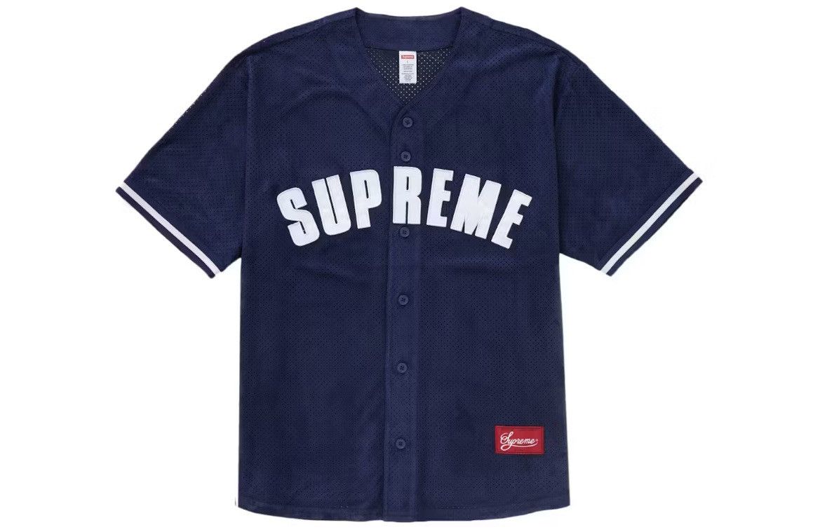 image of Supreme Ultrasuede Mesh Baseball Jersey in Navy, Men's (Size Small)