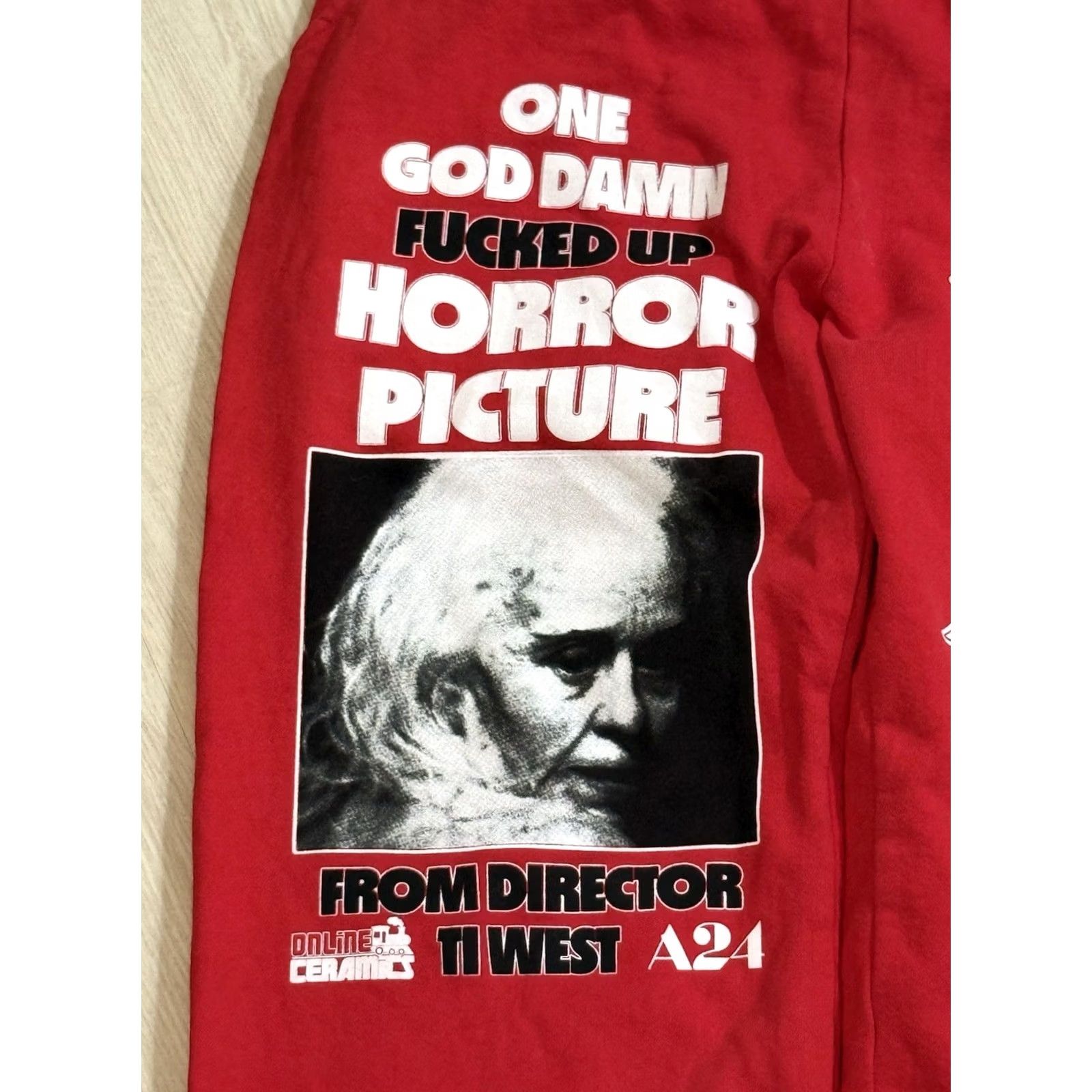 Online Ceramics Online Ceramics x A24 Sweatpants Large Haunted Wagon Ti West MaXXXine Pearl Mens Lounge Pants Red Graphic Print Size US 33 - 3 Thumbnail