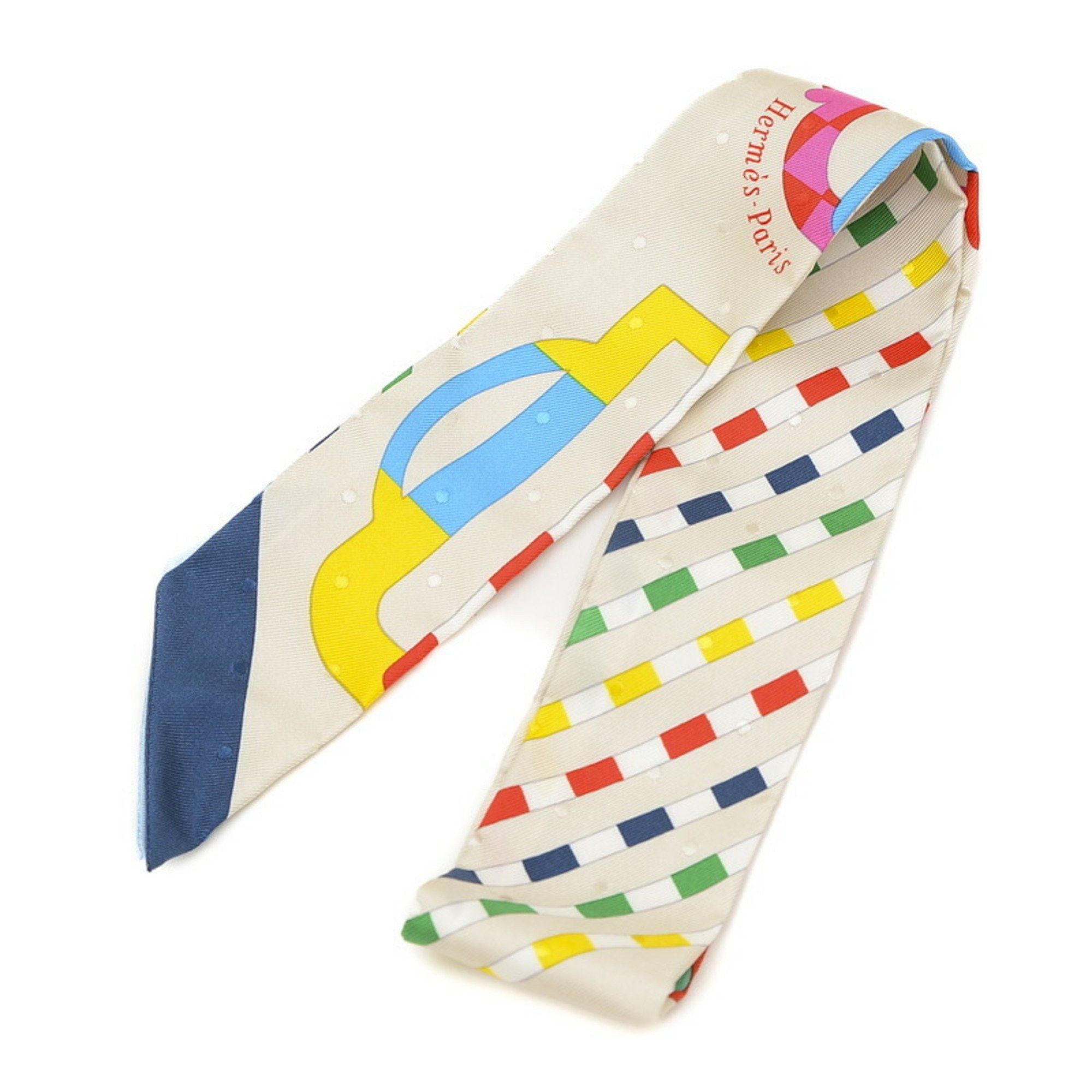 image of Hermes Twilly Scarf Modern Buckle Bouclerie Moderne Blue Rouge 100% Silk, Women's