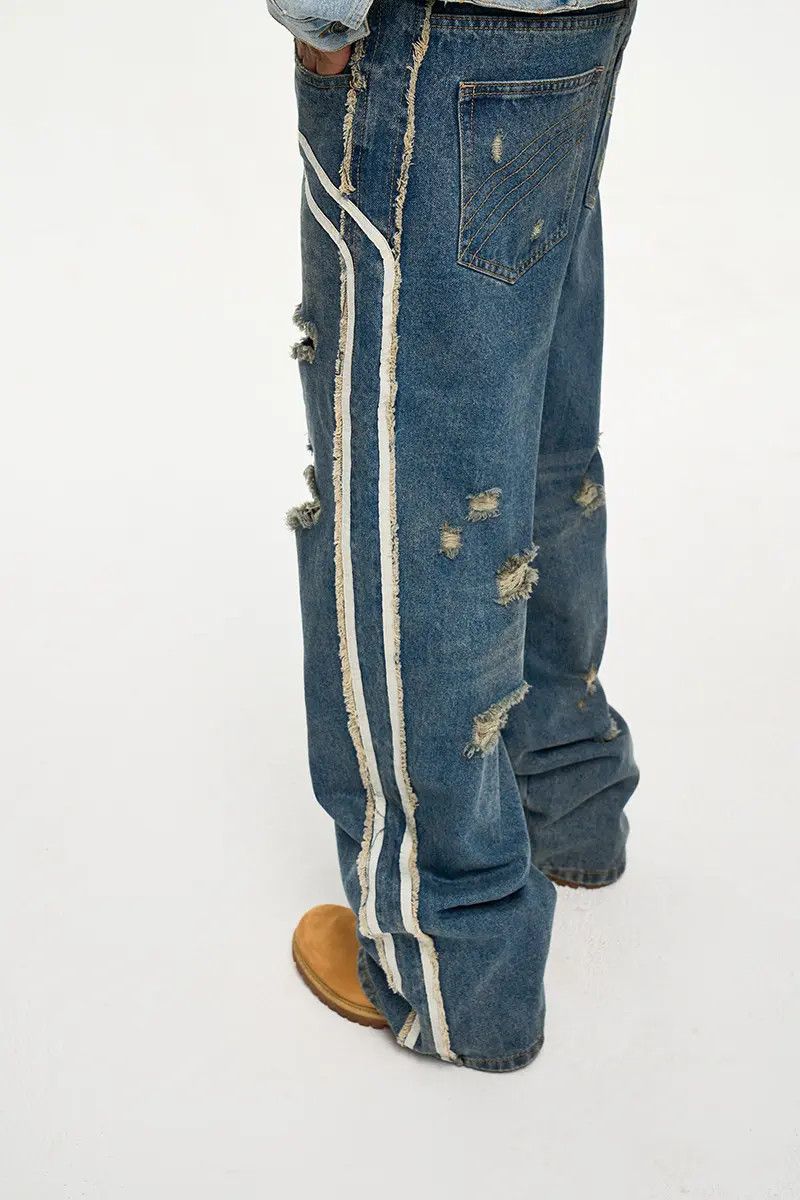 Japanese Brand × Jean Stripe Track Baggy Distressed Denim Jeans, Ripped Jeans Size US 30 / EU 46 - 2 Thumbnail