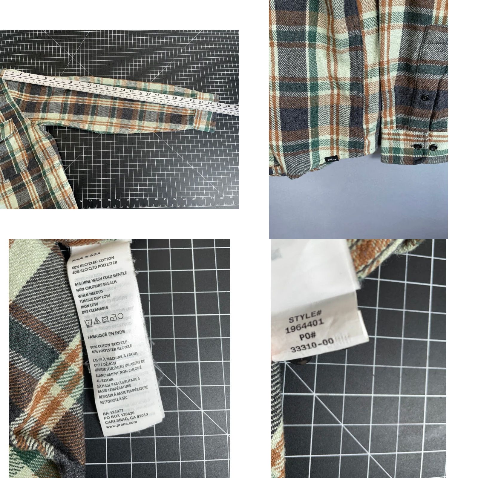 Prana prAna Westbrook Flannel Shirt Adult Medium Green Plaid Slim Fit Mens Size US M / EU 48-50 / 2 - 8 Thumbnail